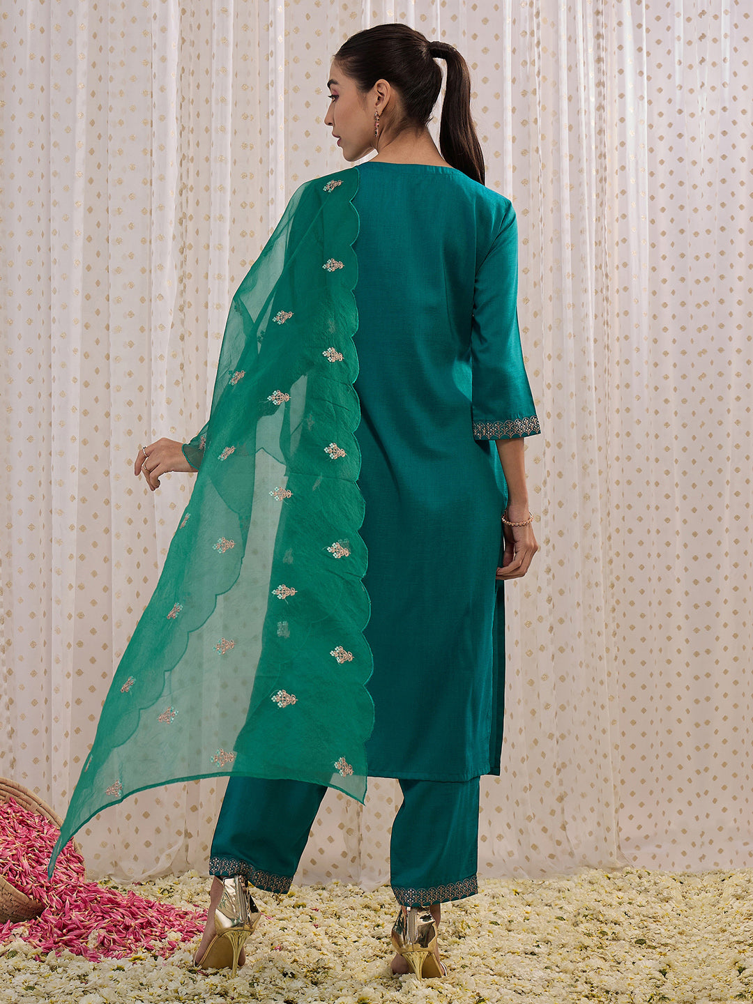 Women's Teal Silk Blend Kurta Set - Taantav