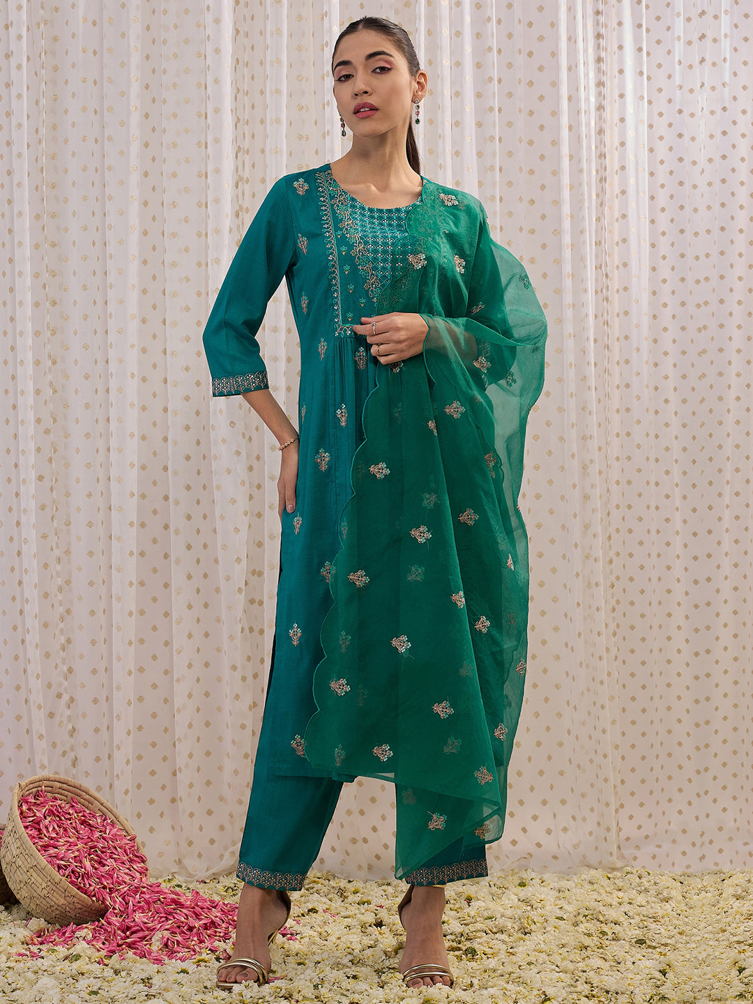 Women's Teal Embroidered A-Line Kurta Trousers With Dupatta Set - Indo Era