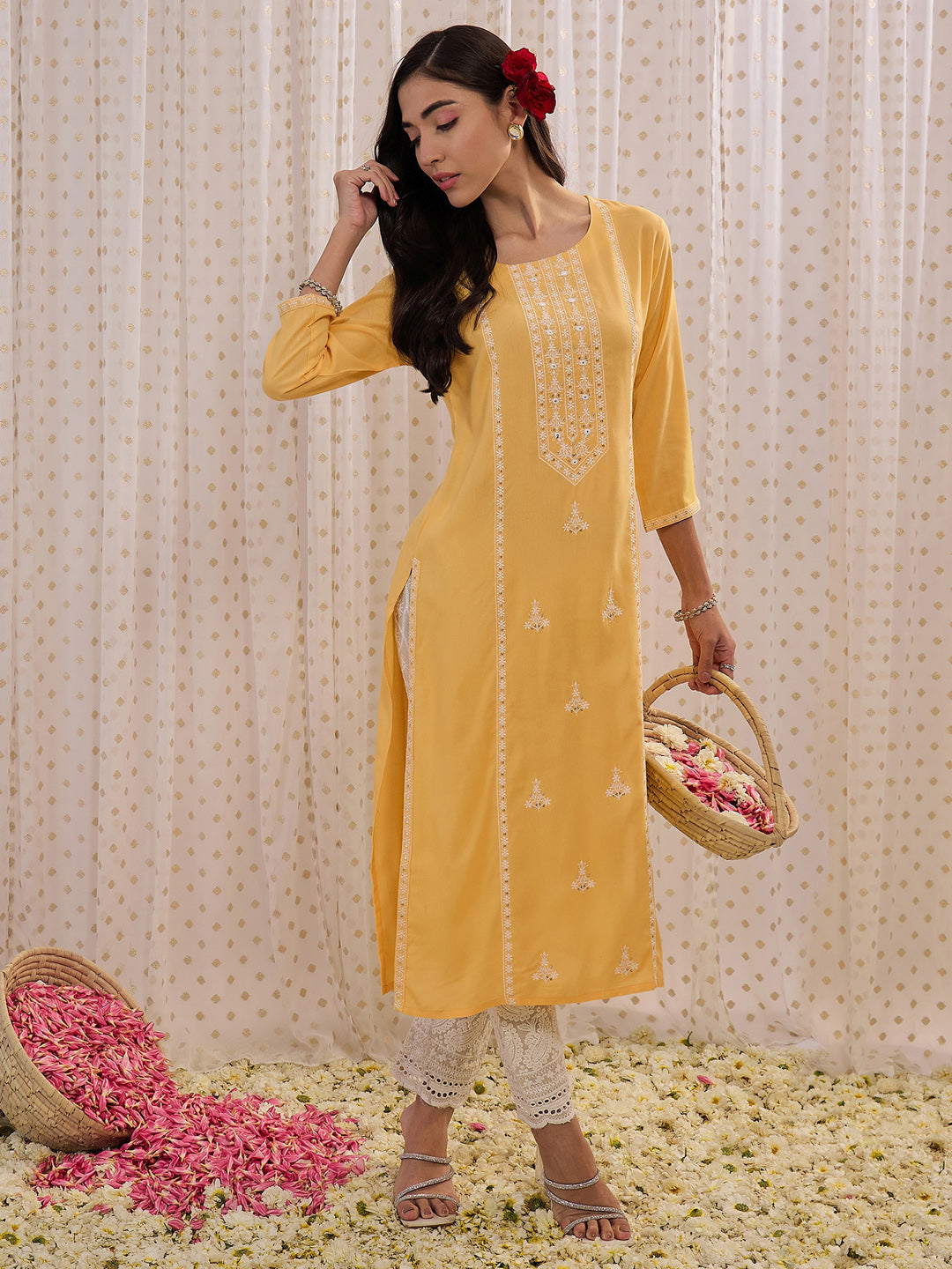 Women's Yellow Viscose Rayon Kurta - Taantav