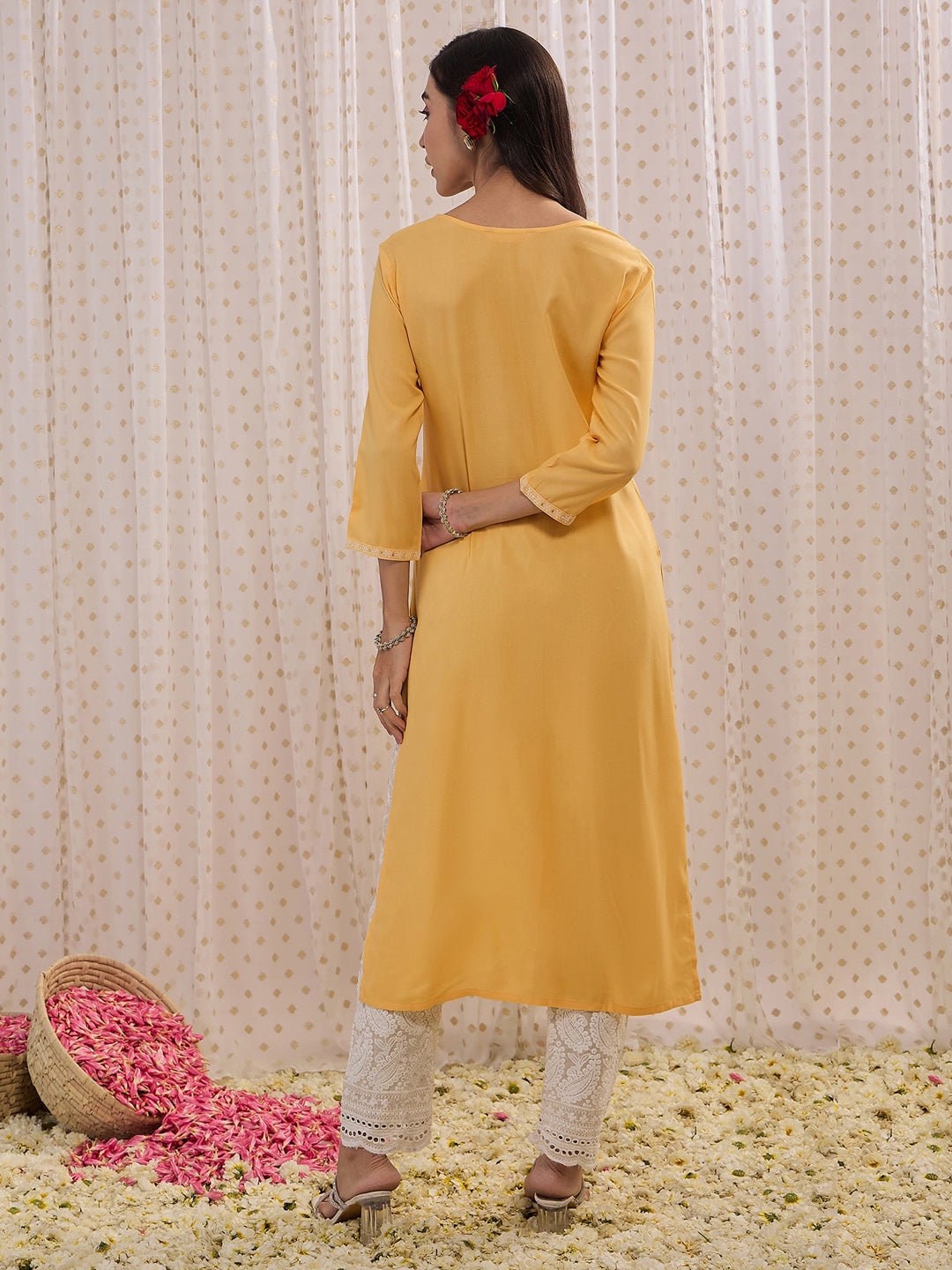 Women's Yellow Viscose Rayon Kurta - Taantav