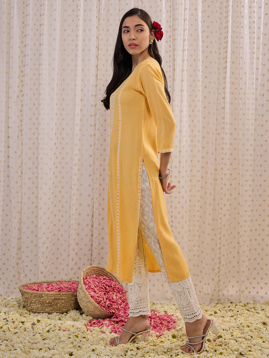 Women's Yellow Viscose Rayon Kurta - Taantav