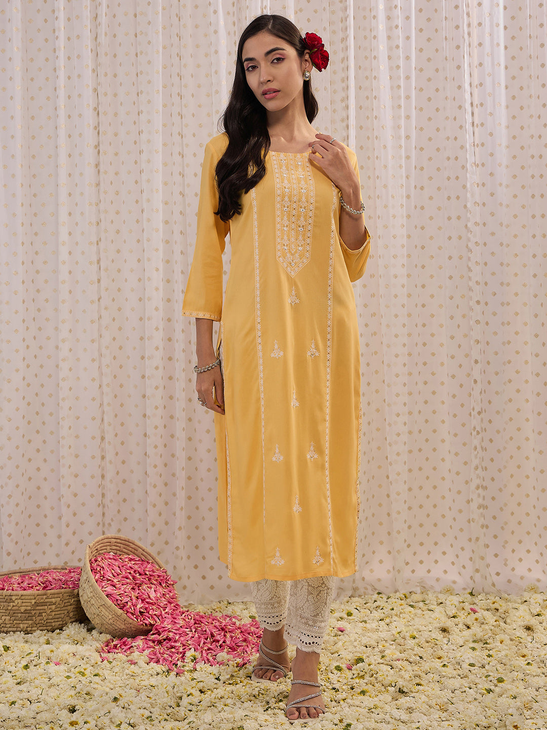 Women's Yellow Viscose Rayon Kurta - Taantav