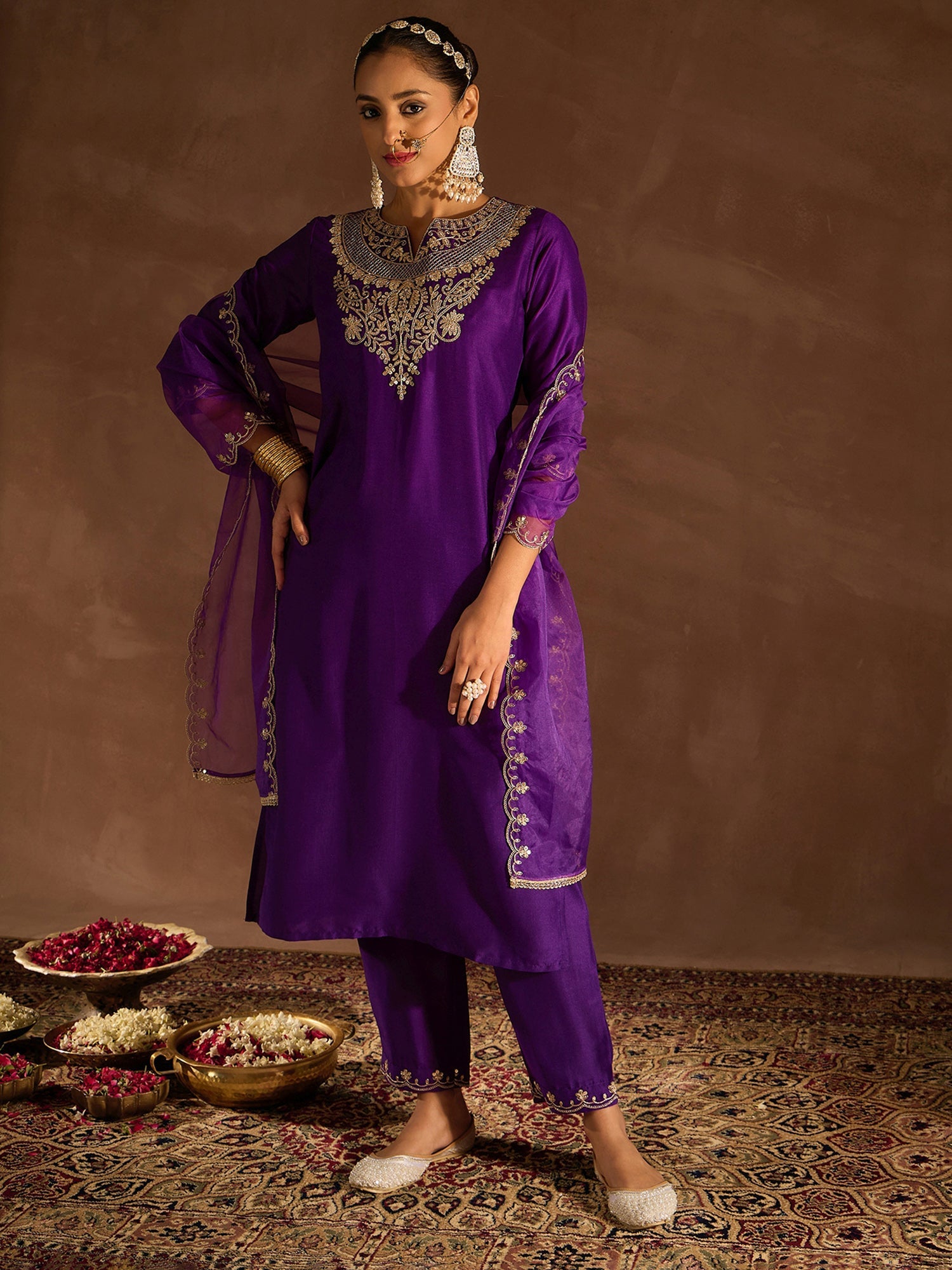 Women's Purple Silk Blend Kurta Set - Taantav