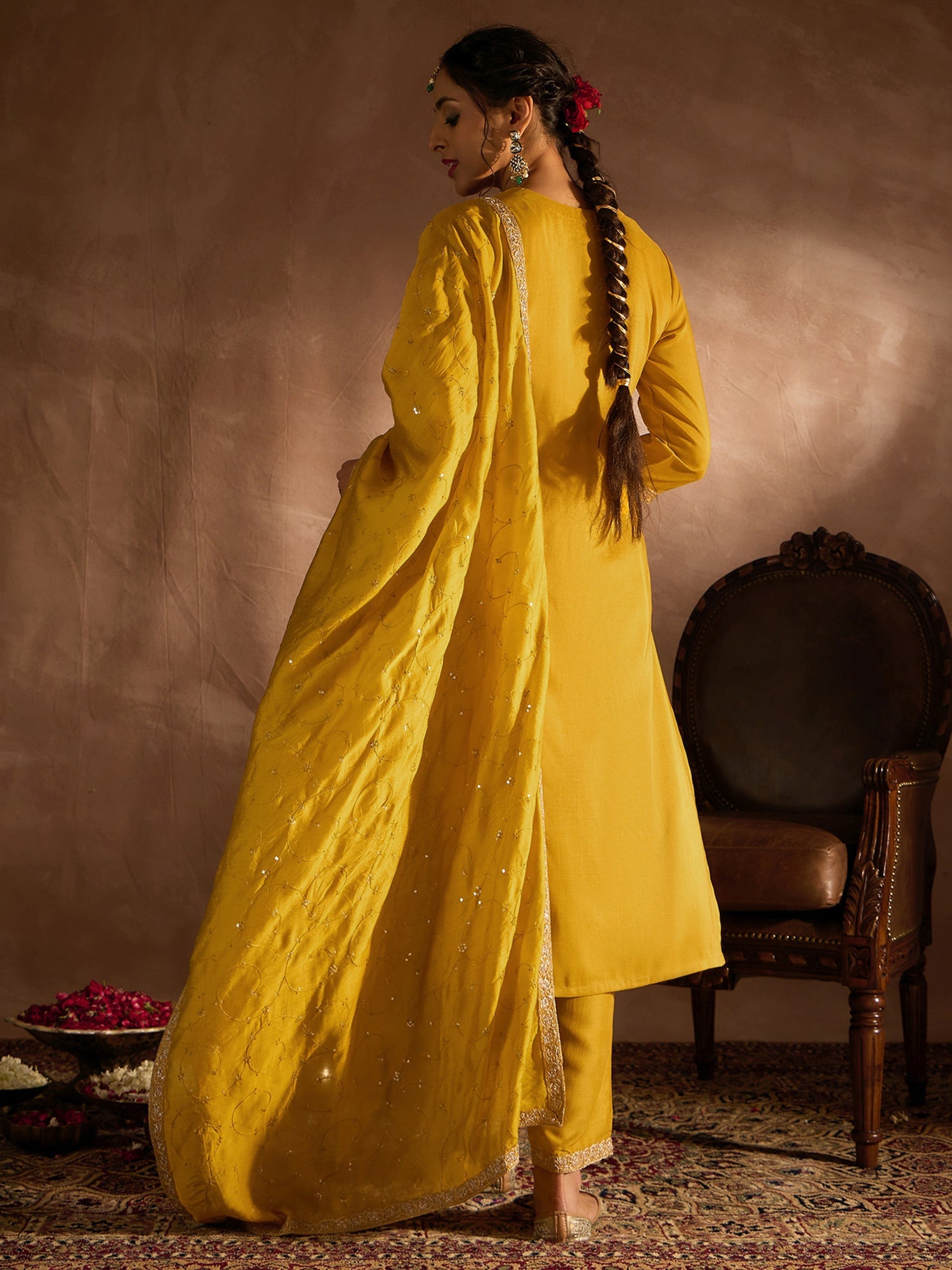 Women's Yellow Chinon Kurta Set - Taantav