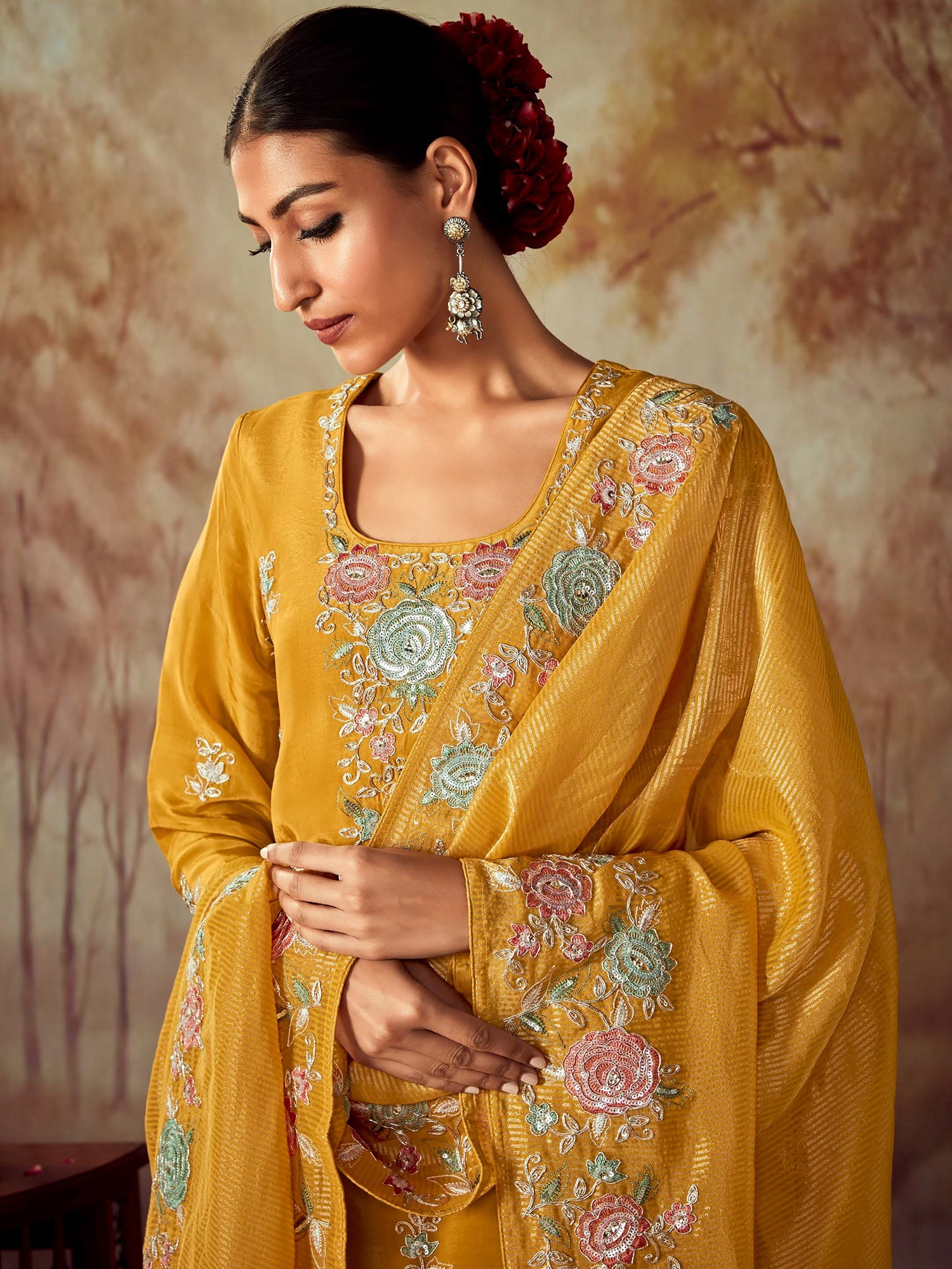 Women's Mustard Silk Blend Kurta Set - Taantav