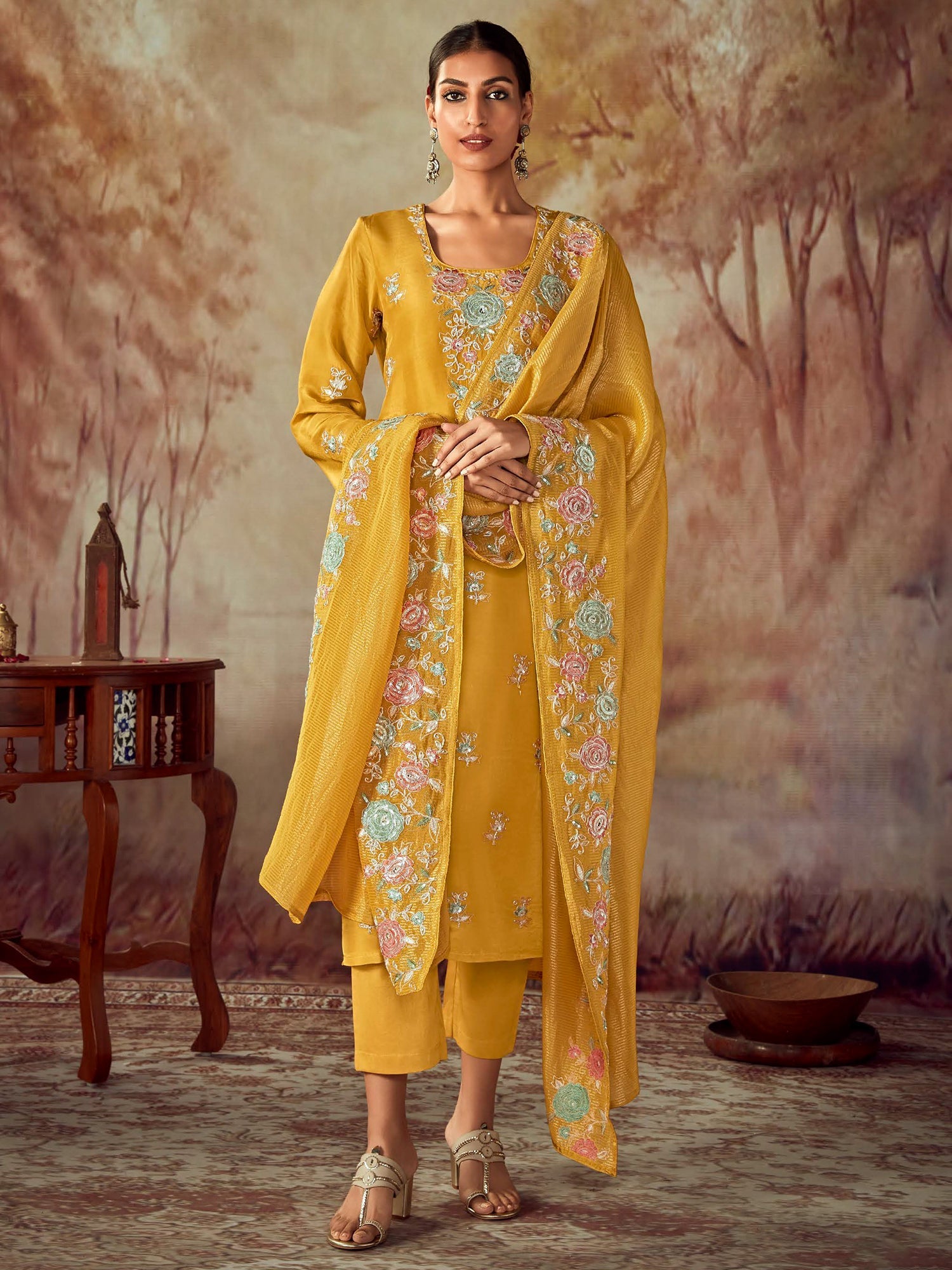 Women's Mustard Silk Blend Kurta Set - Taantav