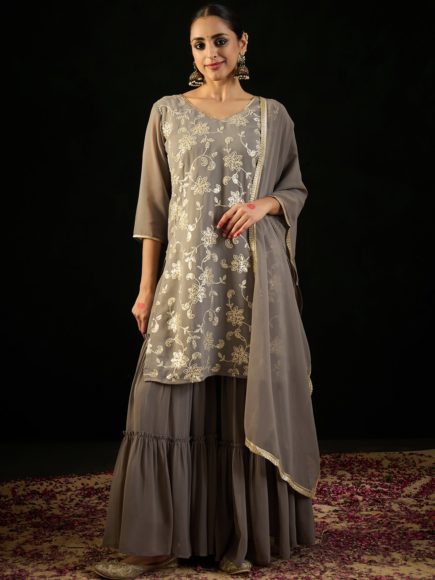 Women's Grey Georgette Kurta Set - Taantav