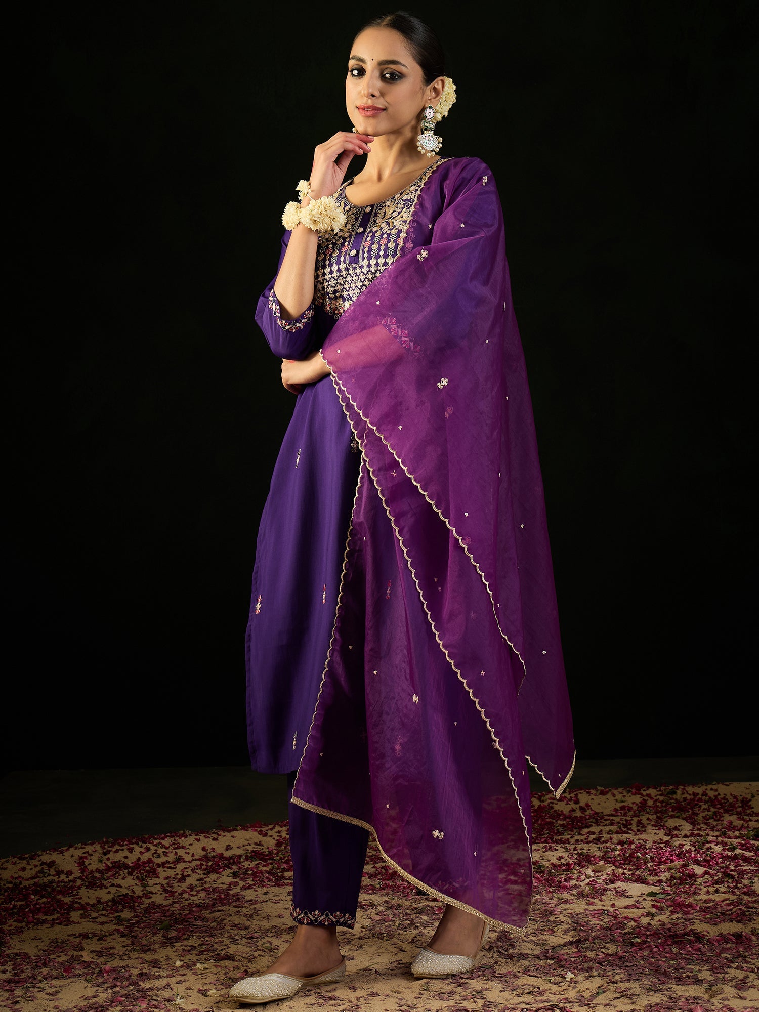 Women's Purple Silk Blend Kurta Set - Taantav