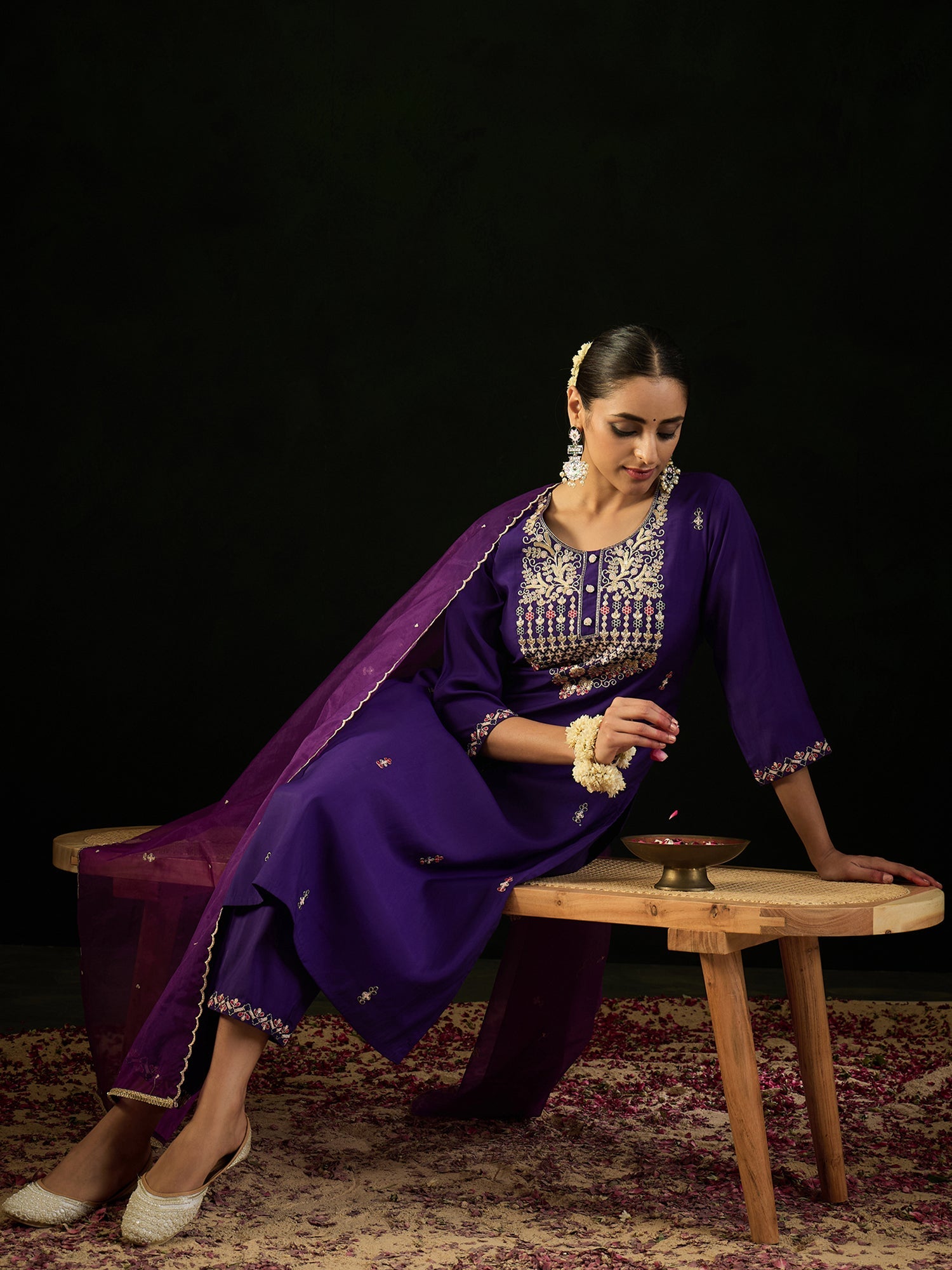 Women's Purple Silk Blend Kurta Set - Taantav