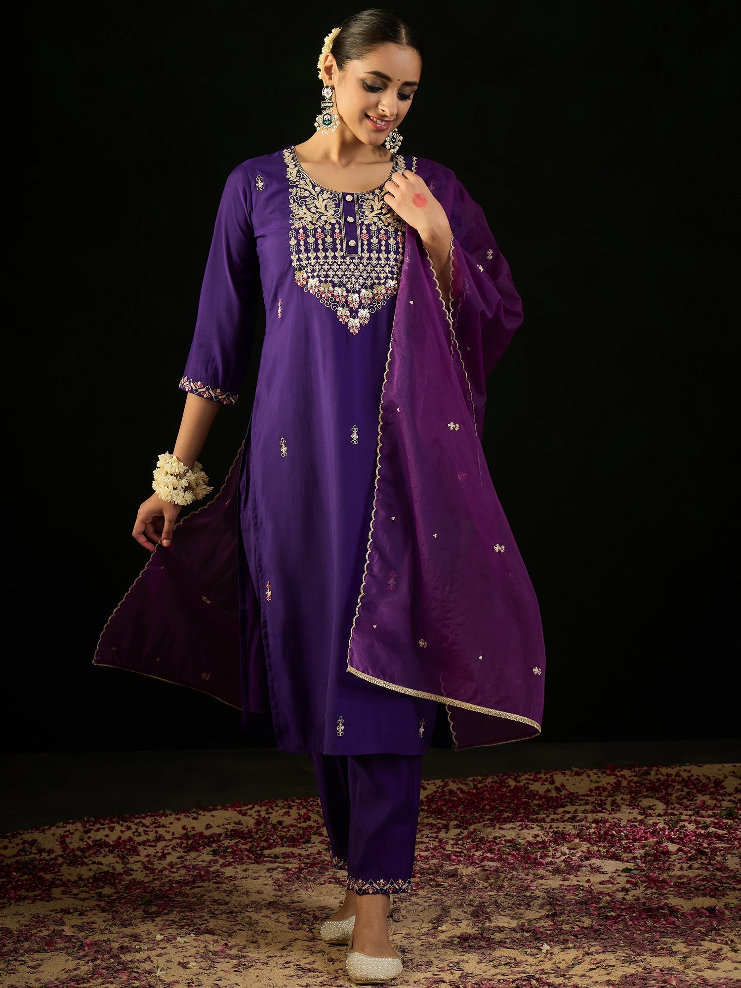 Women's Purple Silk Blend Kurta Set - Taantav