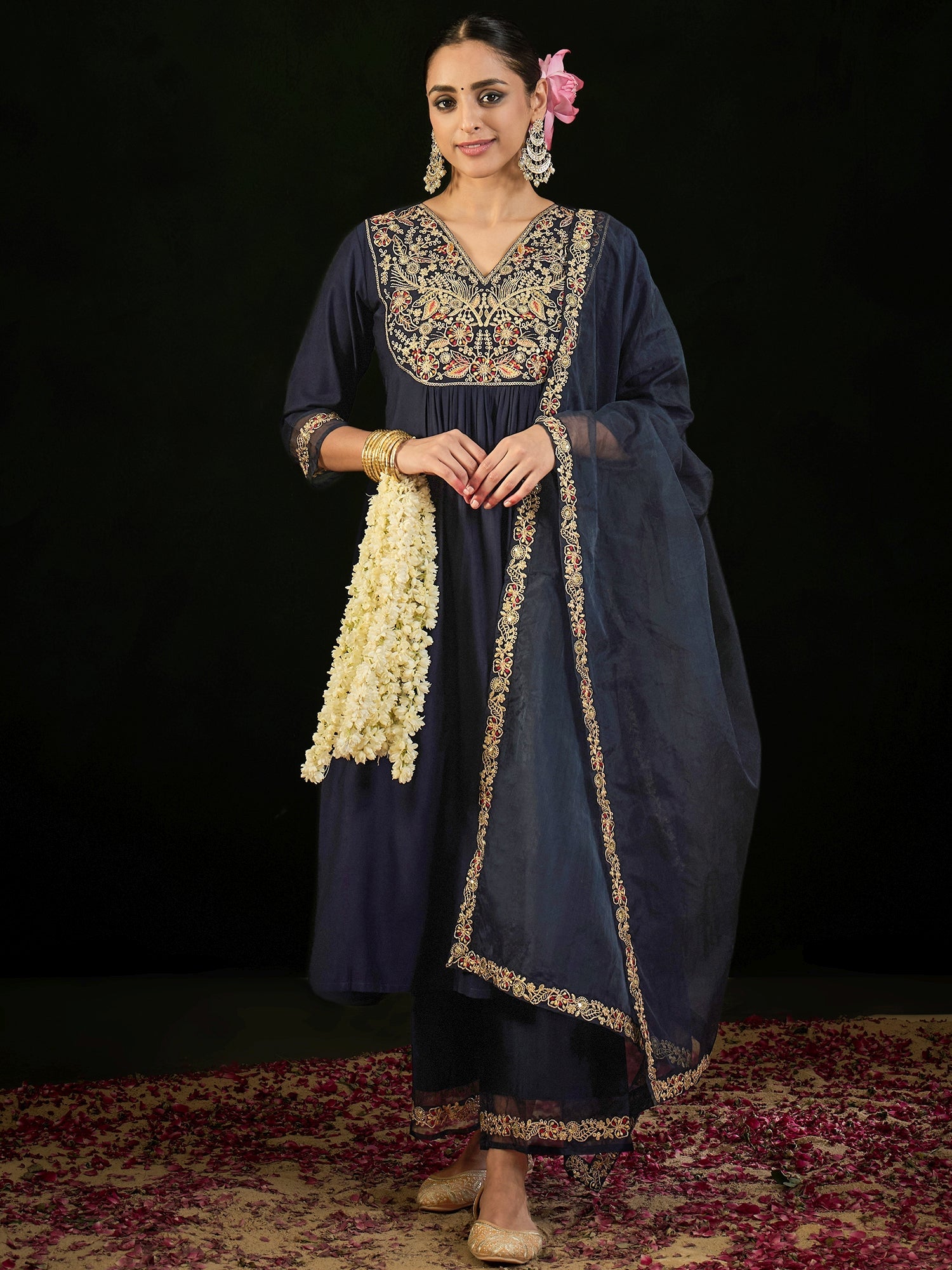 Women's Navy Blue Liva Kurta Set - Taantav