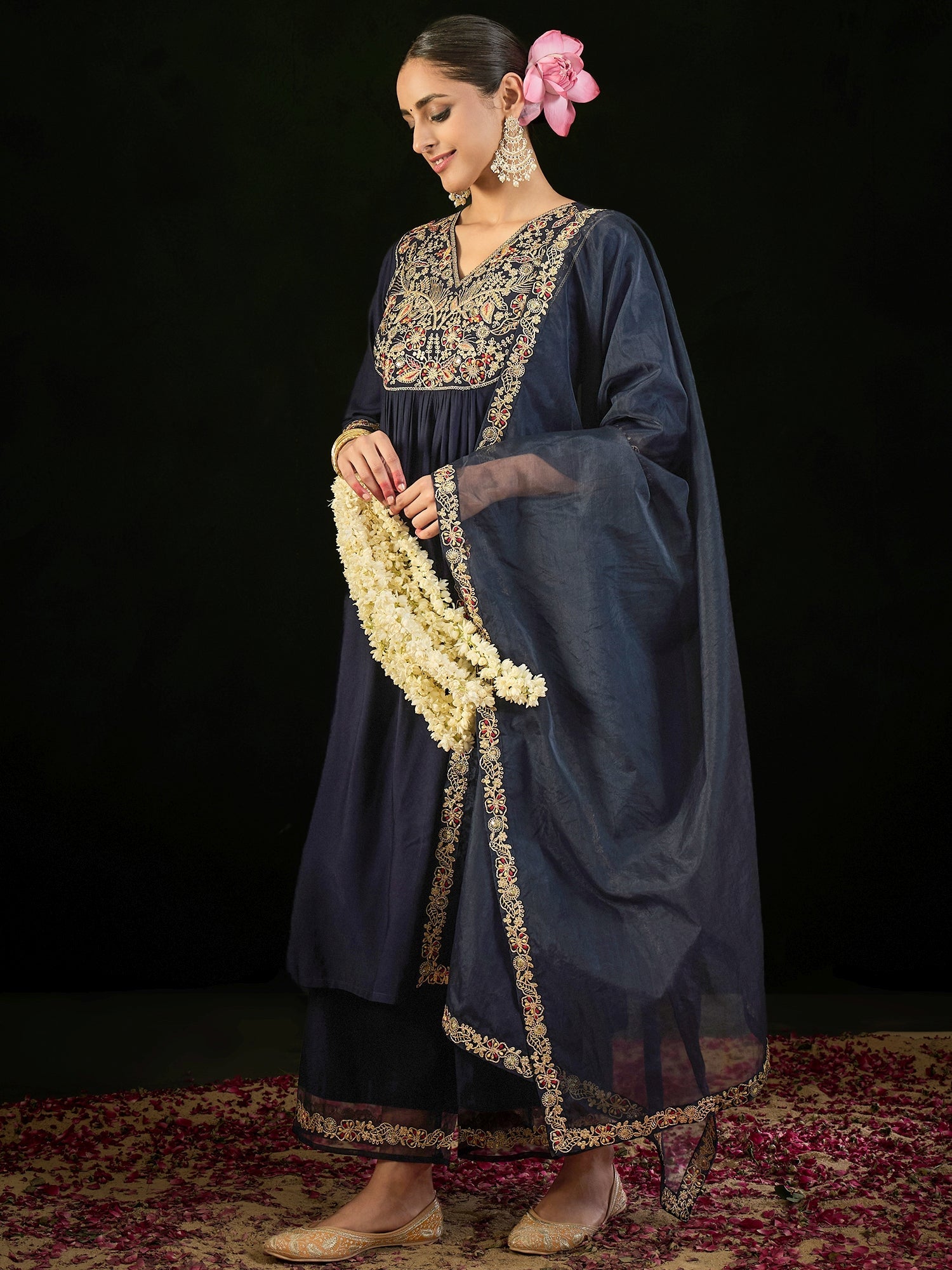 Women's Navy Blue Liva Kurta Set - Taantav