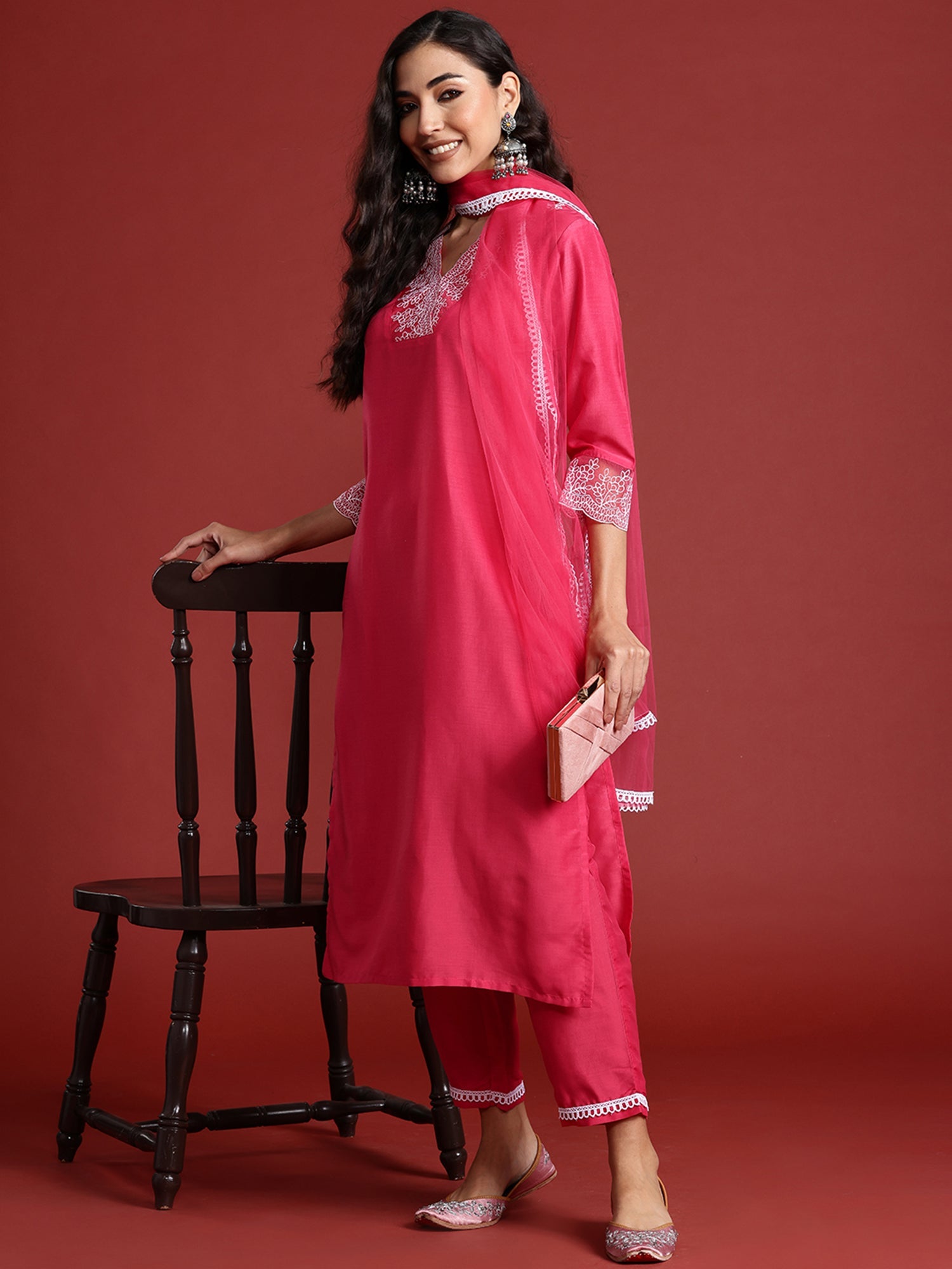 Women's Pink Silk Blend Kurta Set - Taantav