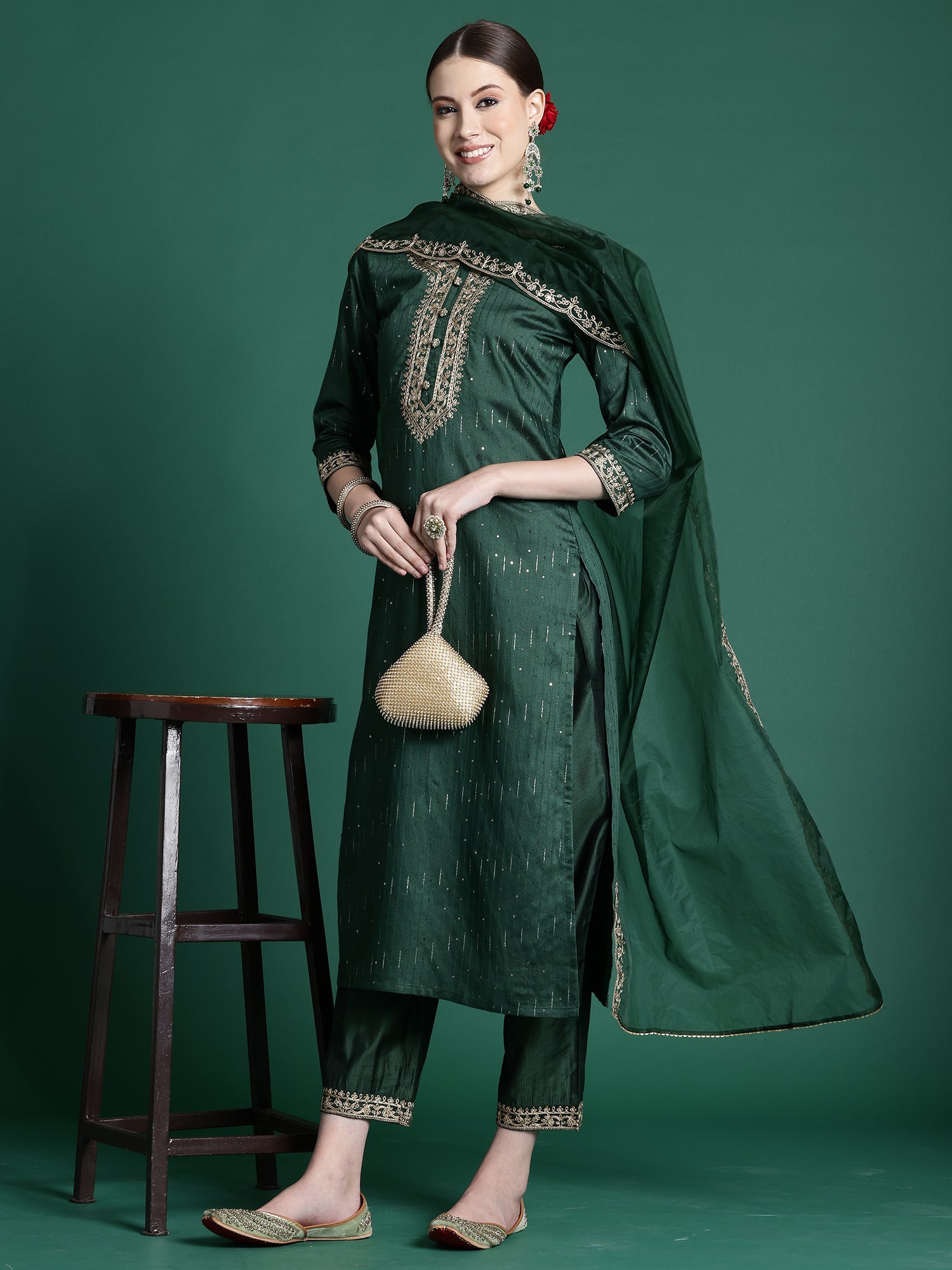 Women's Green Liva Kurta Set - Taantav