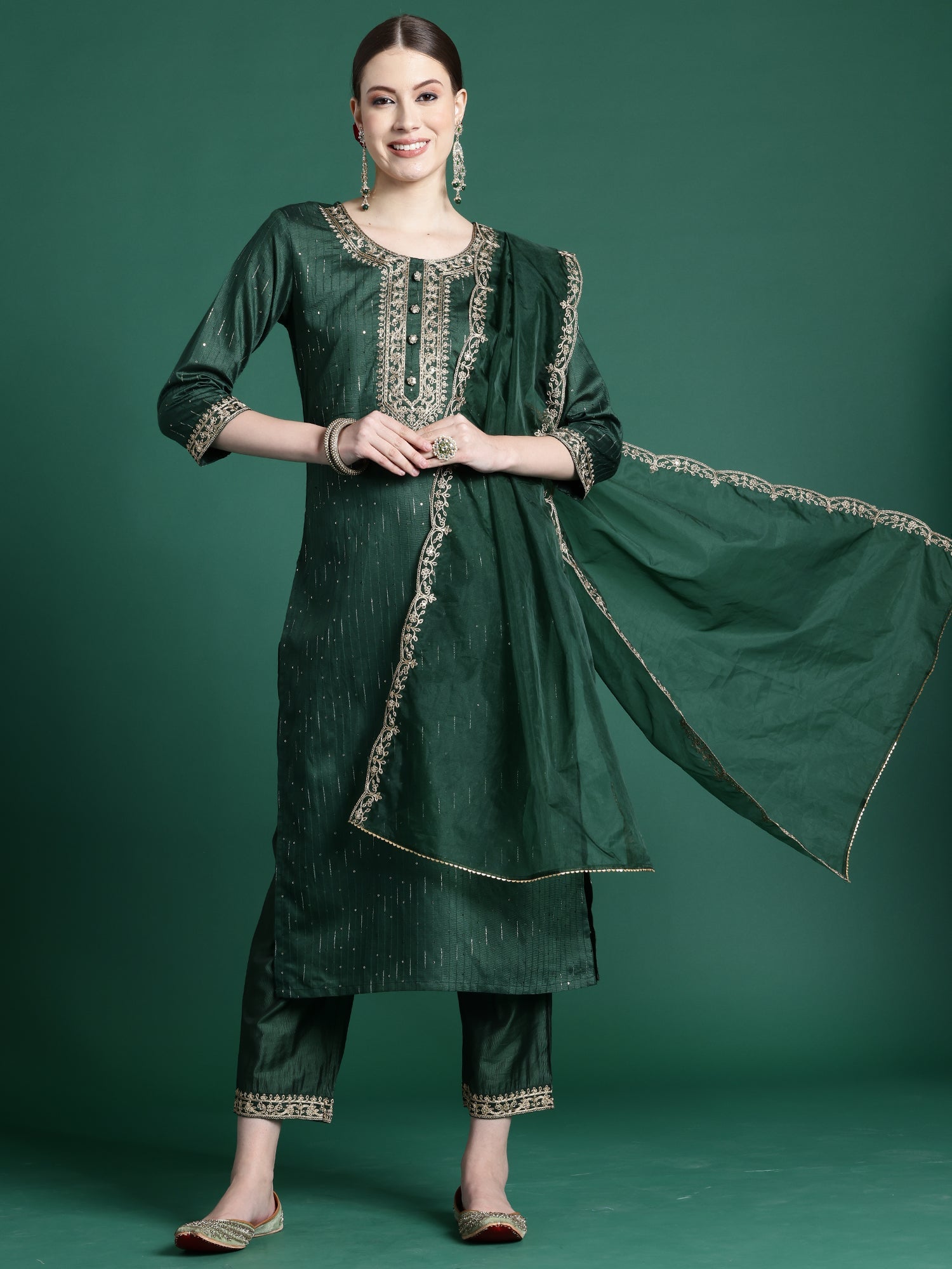 Women's Green Liva Kurta Set - Taantav