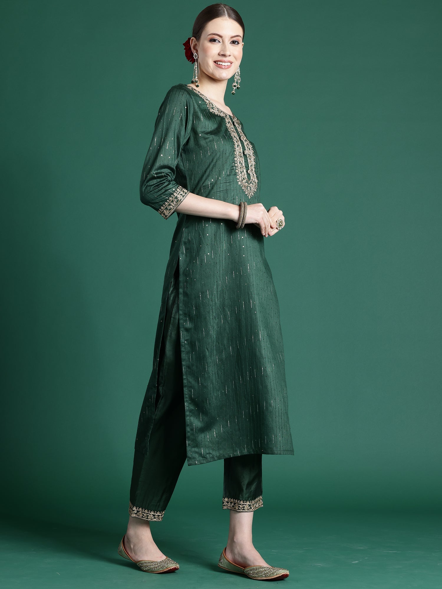 Women's Green Liva Kurta Set - Taantav