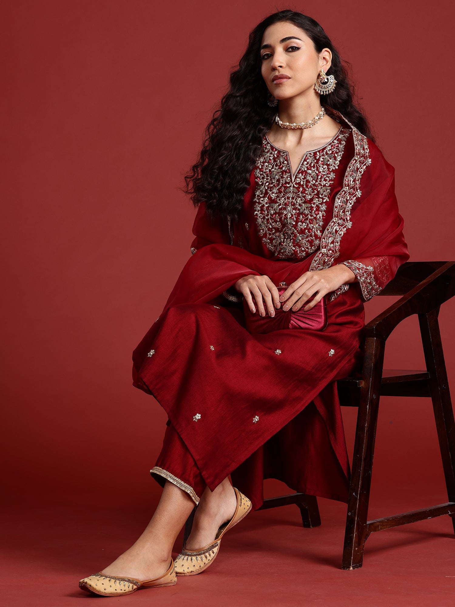 Women's Maroon Liva Kurta Set - Taantav