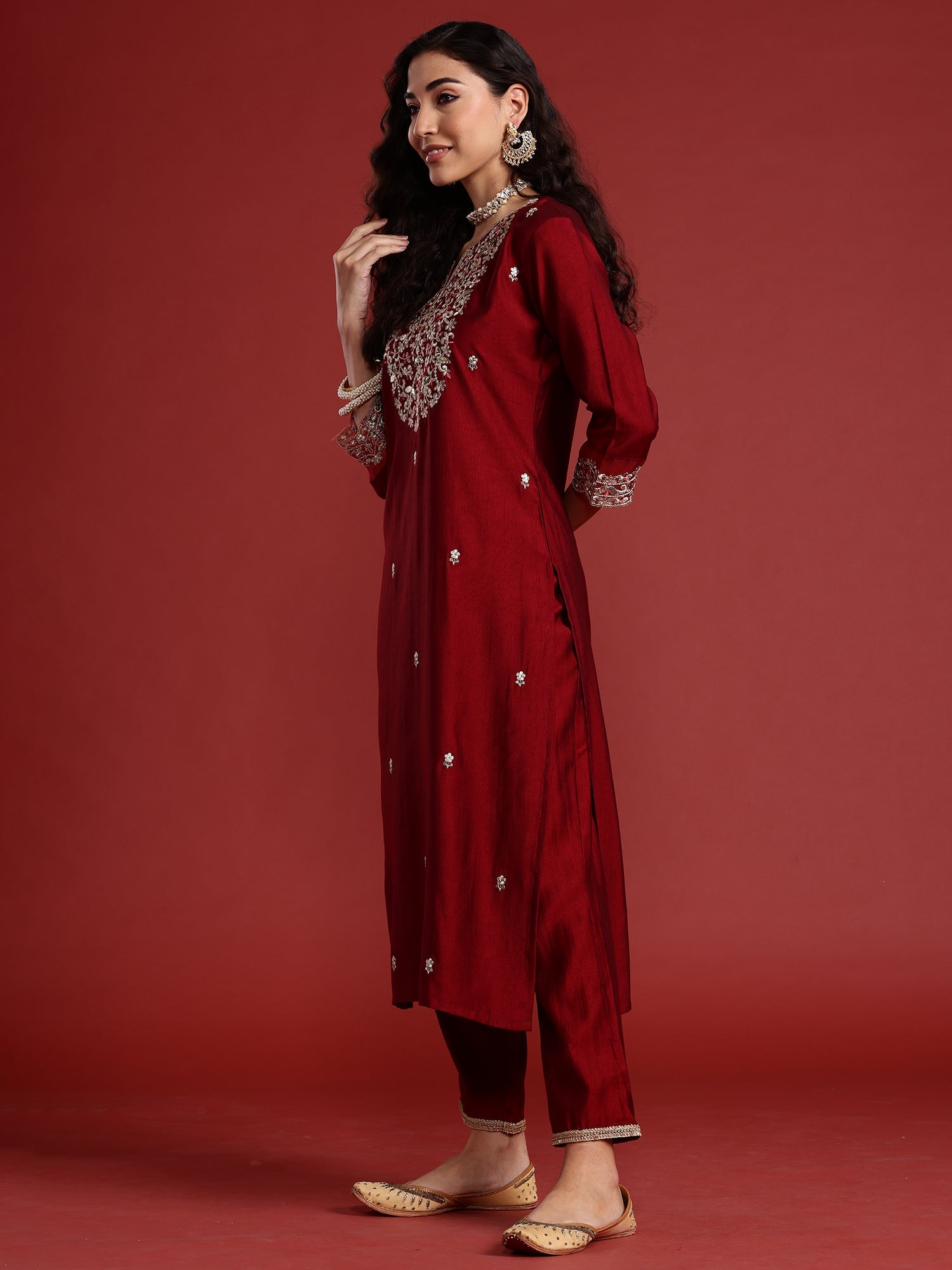 Women's Maroon Liva Kurta Set - Taantav