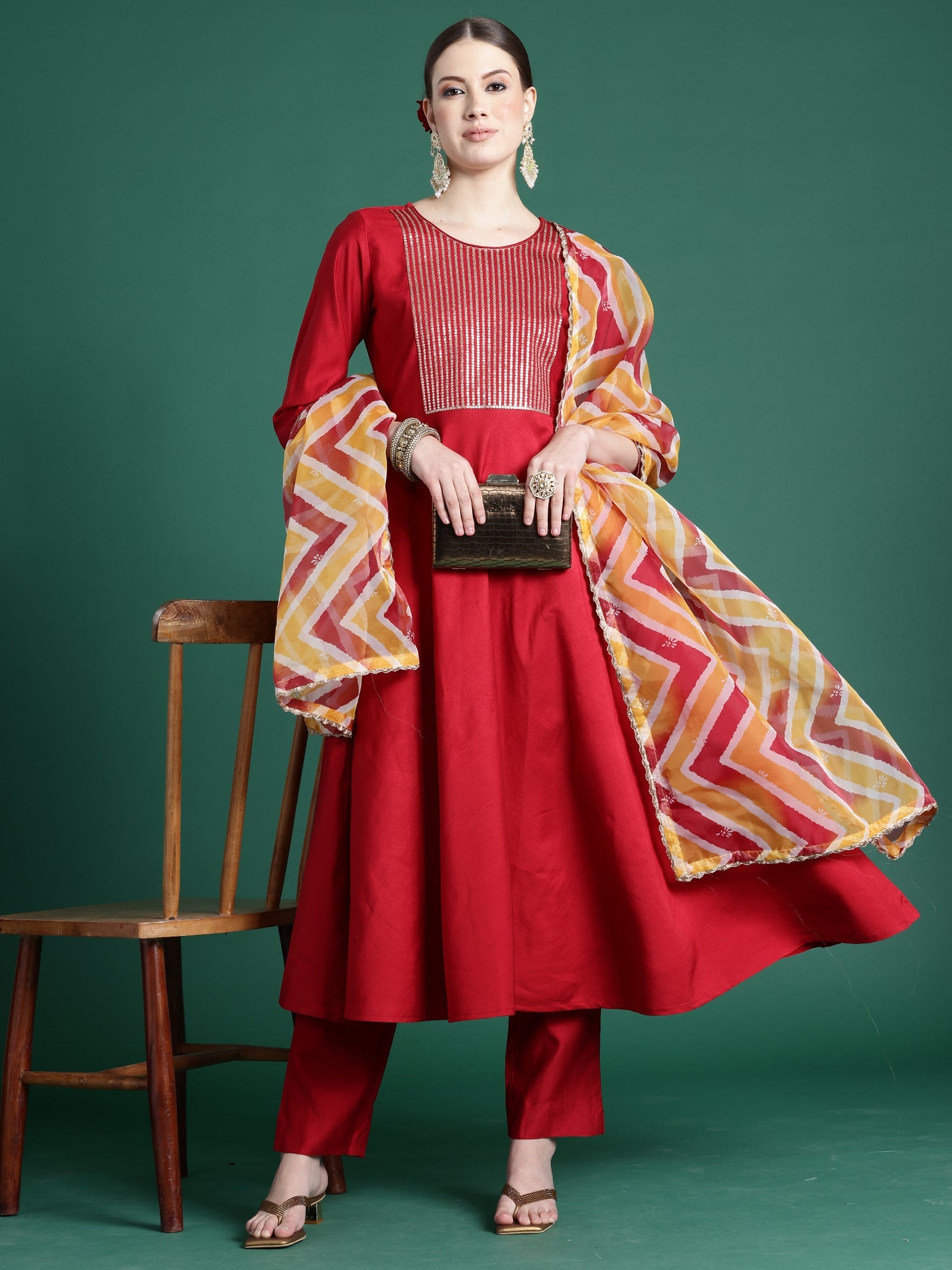 Women's Red Liva Kurta Set - Taantav