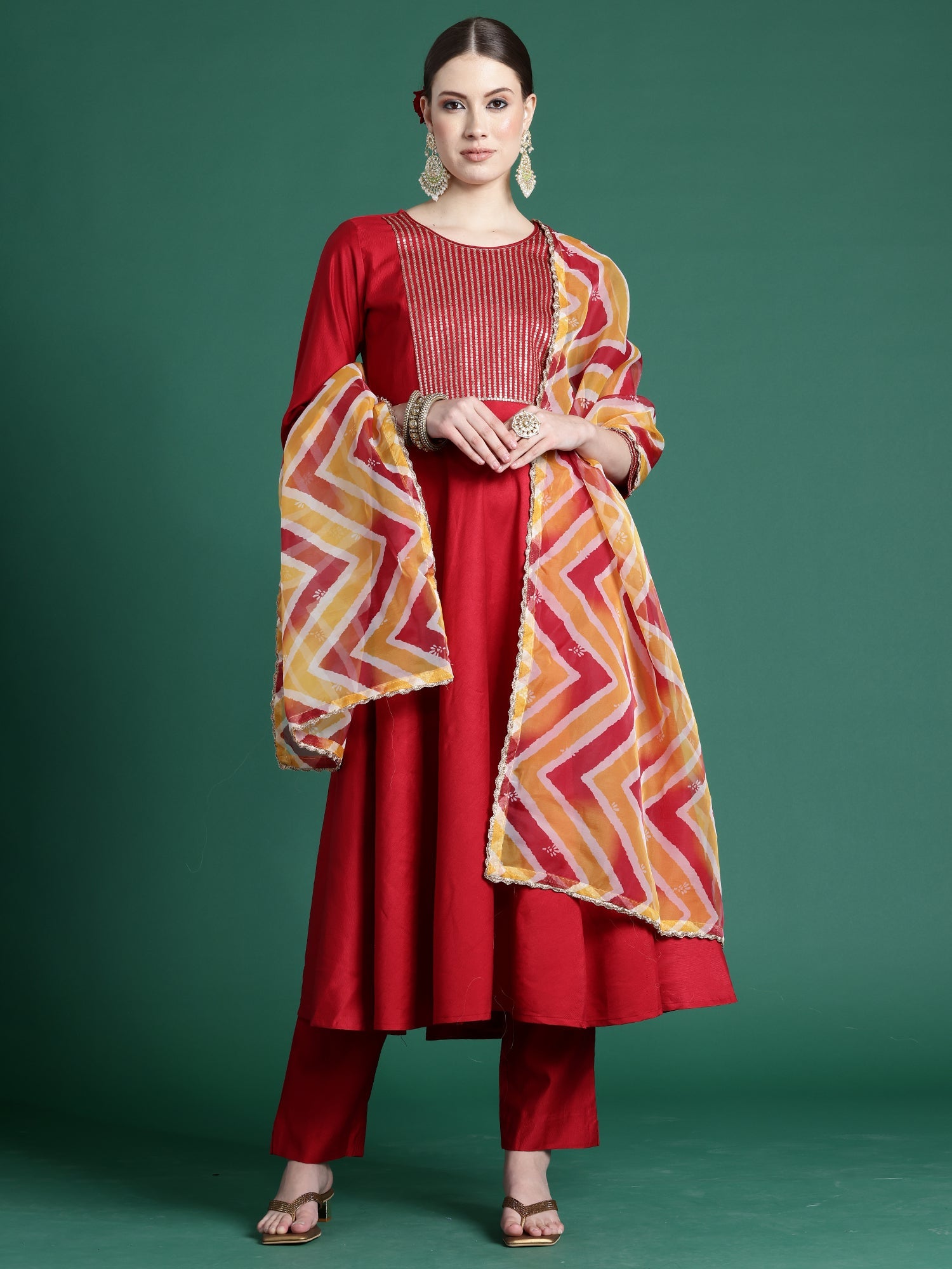 Women's Red Liva Kurta Set - Taantav