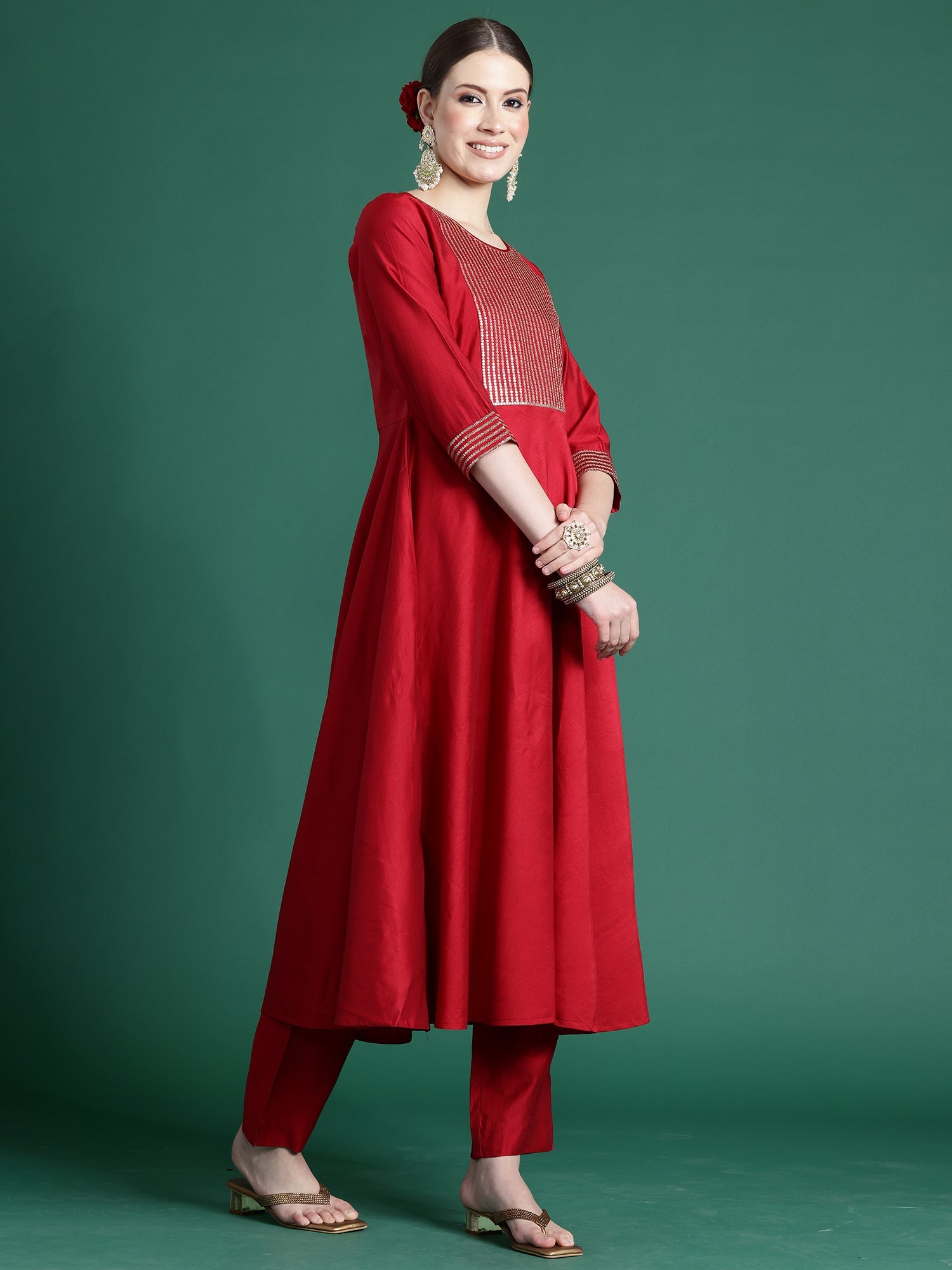 Women's Red Liva Kurta Set - Taantav