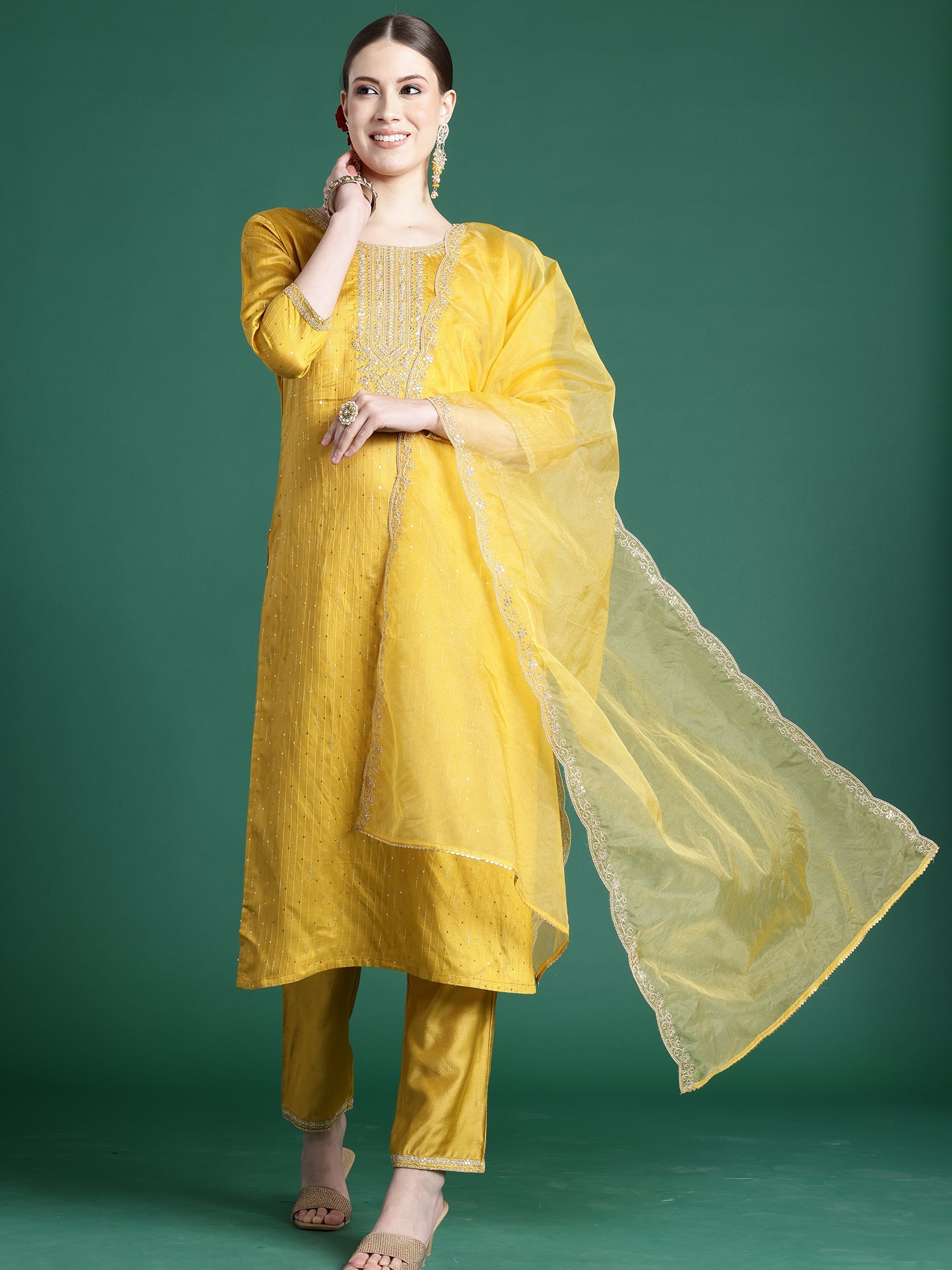 Women's Yellow Liva Kurta Set - Taantav