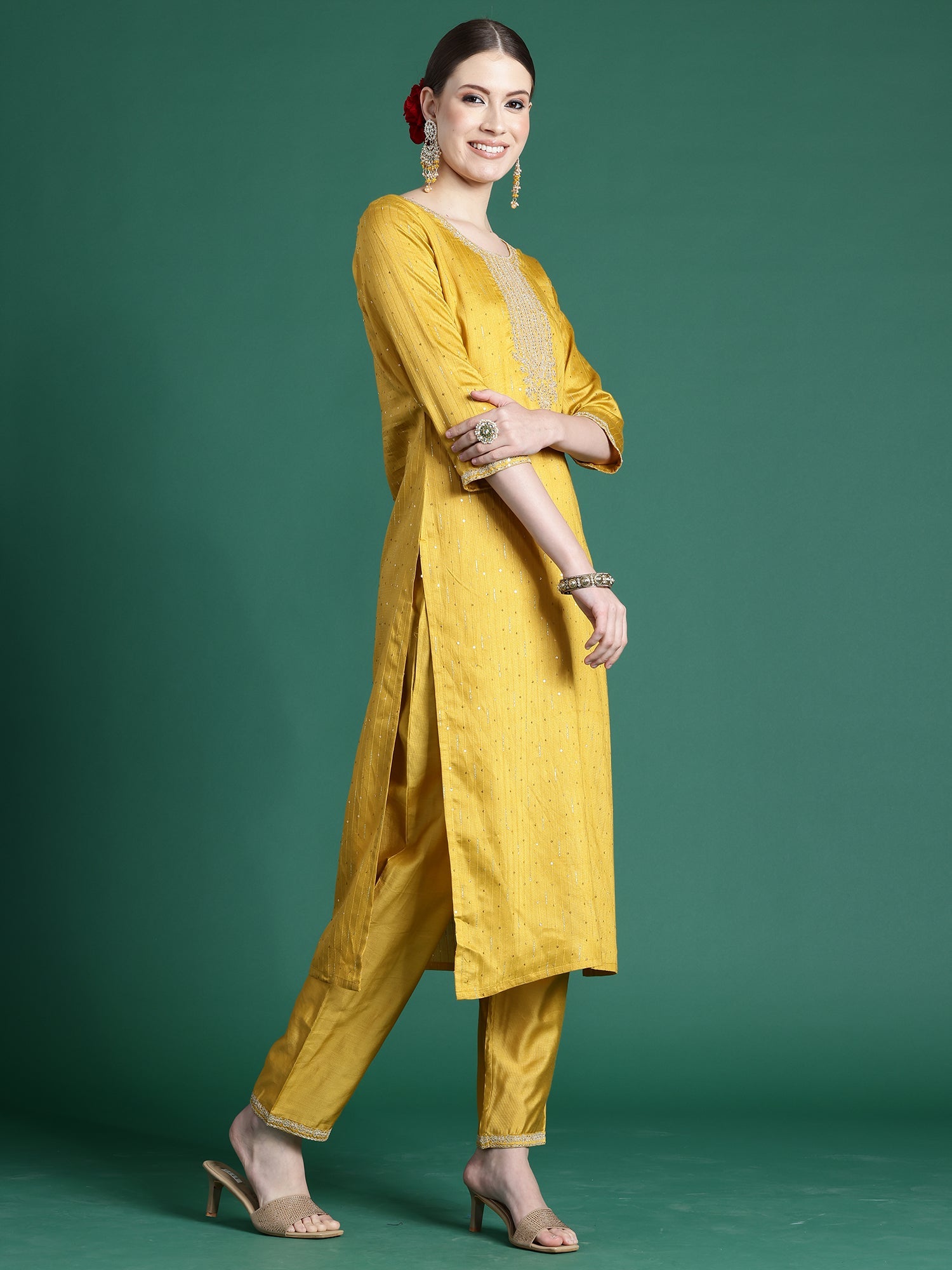 Women's Yellow Liva Kurta Set - Taantav