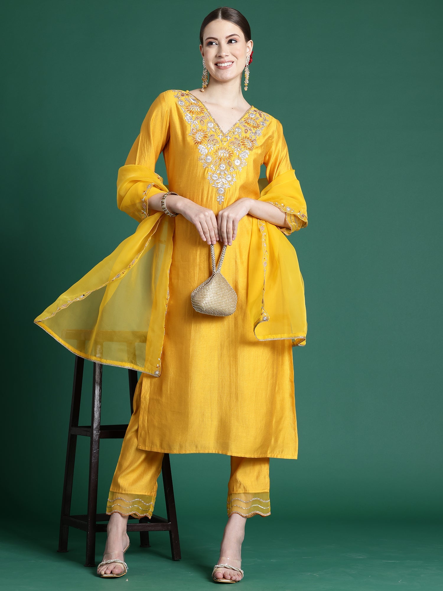 Women's Yellow Liva Kurta Set - Taantav