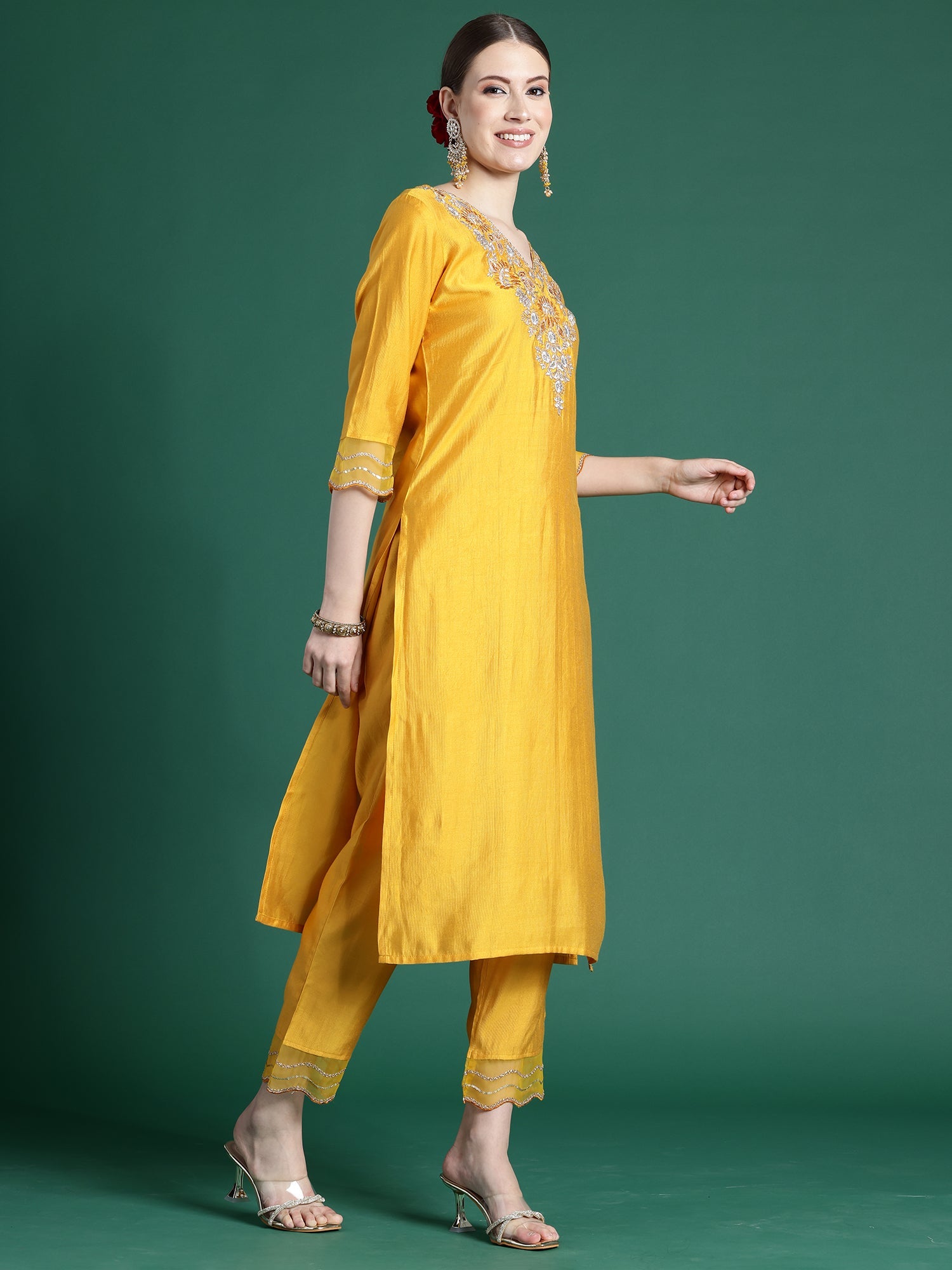 Women's Yellow Liva Kurta Set - Taantav