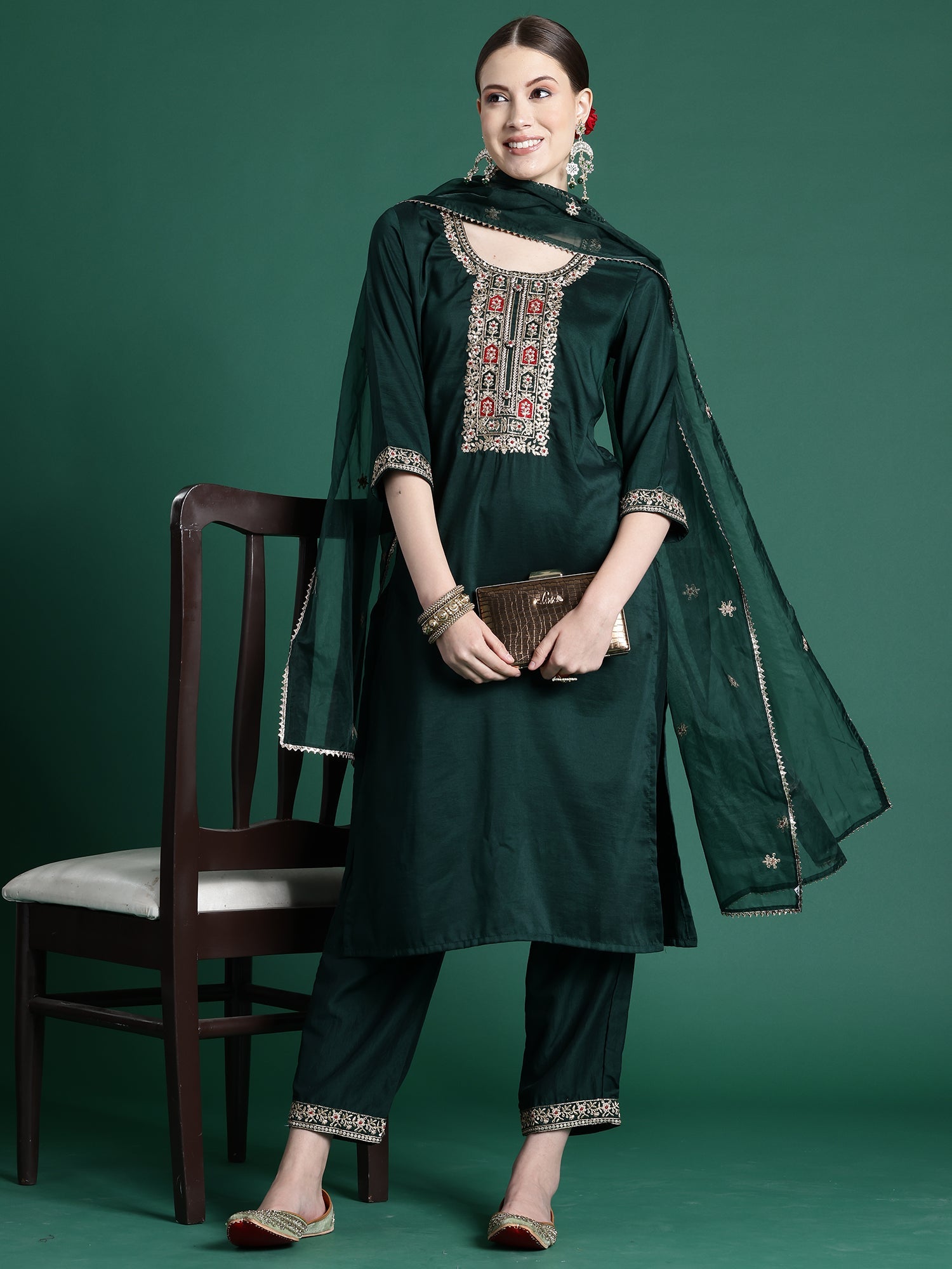 Women's Green Silk Blend Kurta Set - Taantav