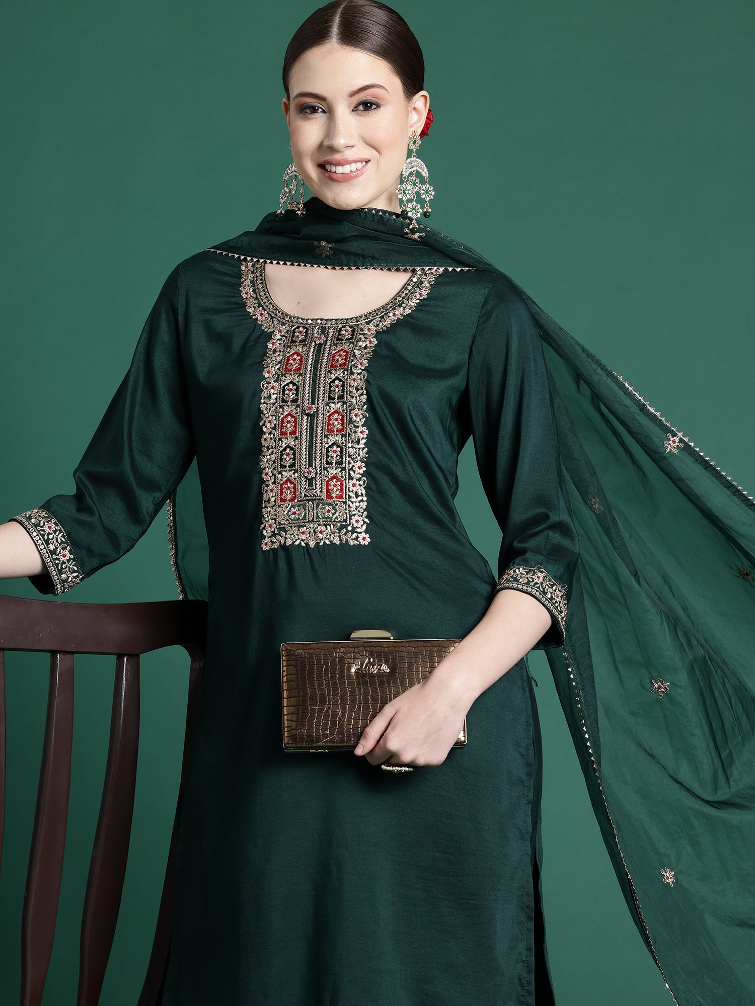 Women's Green Silk Blend Kurta Set - Taantav