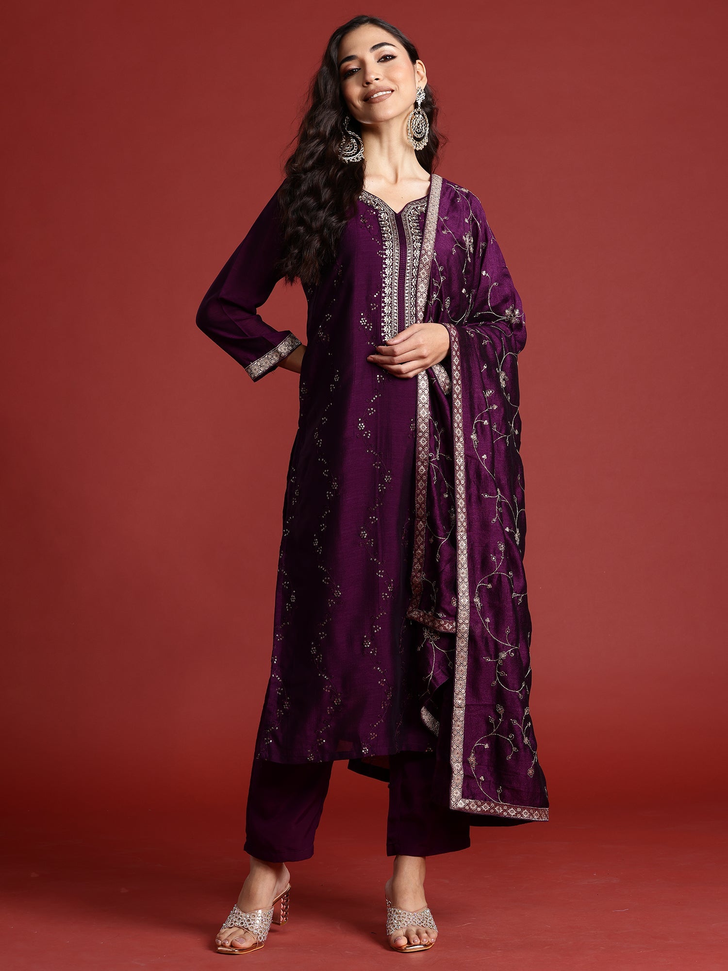 Women's Purple Silk Blend Kurta Set - Taantav