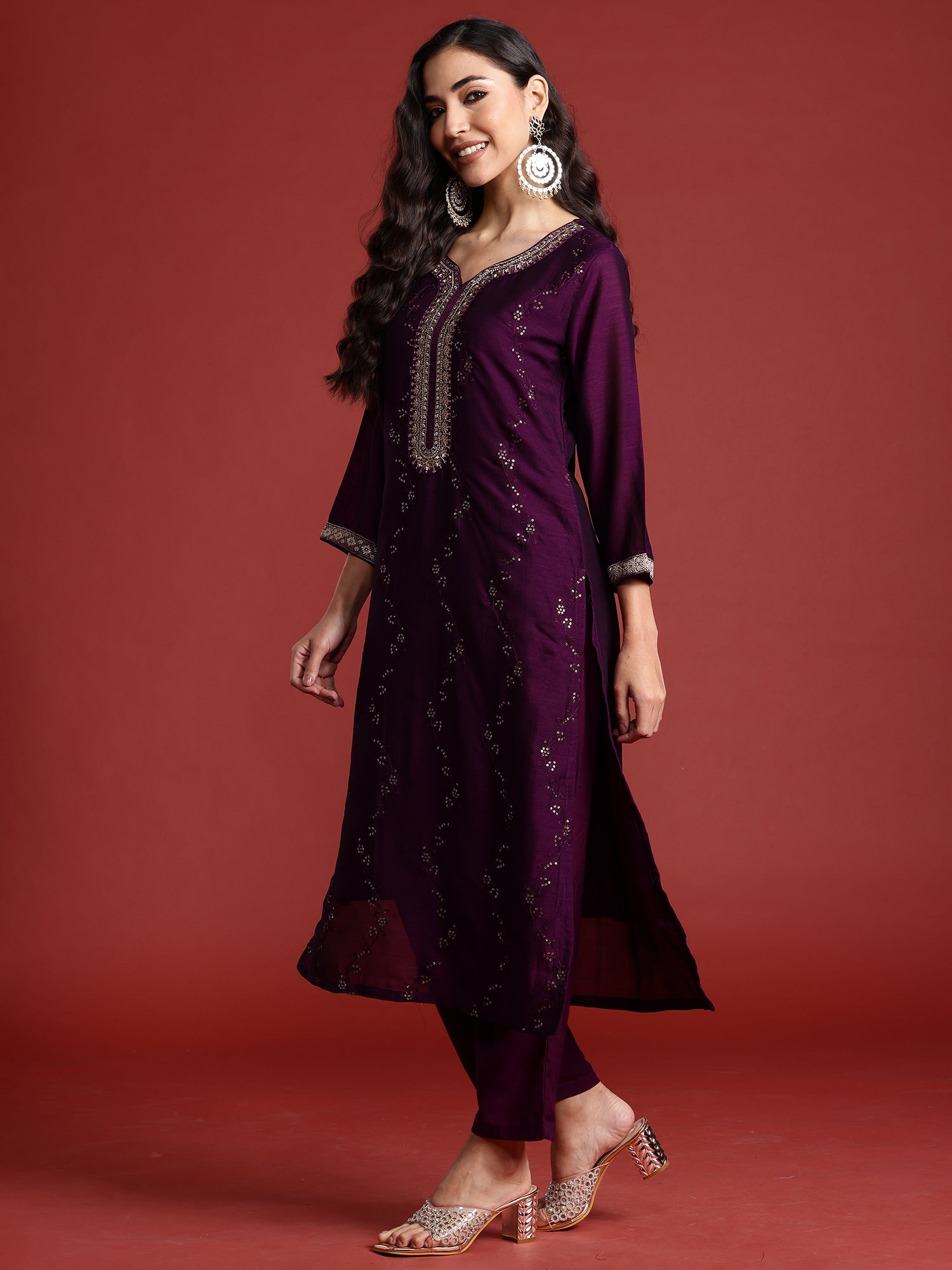 Women's Purple Silk Blend Kurta Set - Taantav