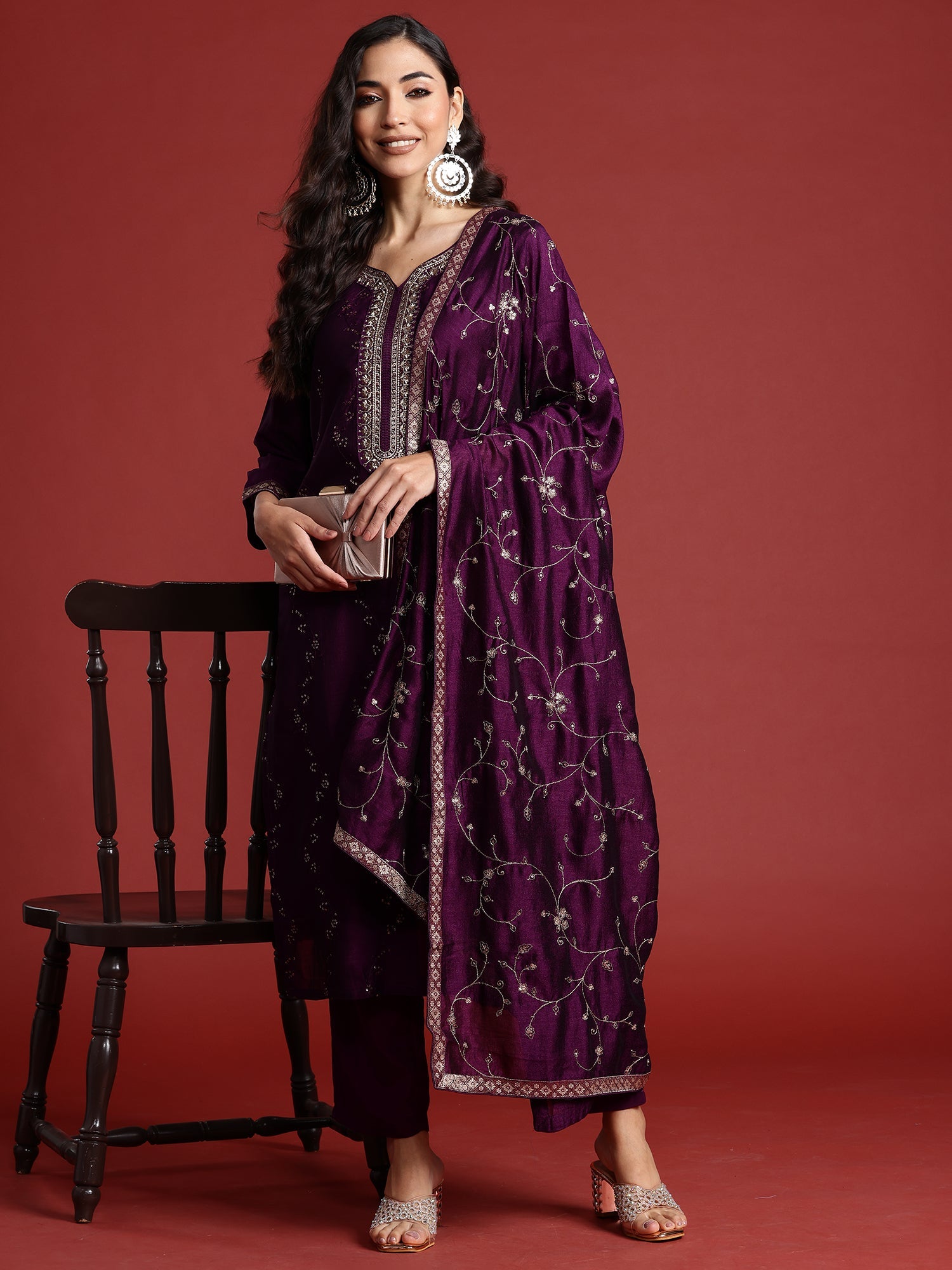 Women's Purple Silk Blend Kurta Set - Taantav