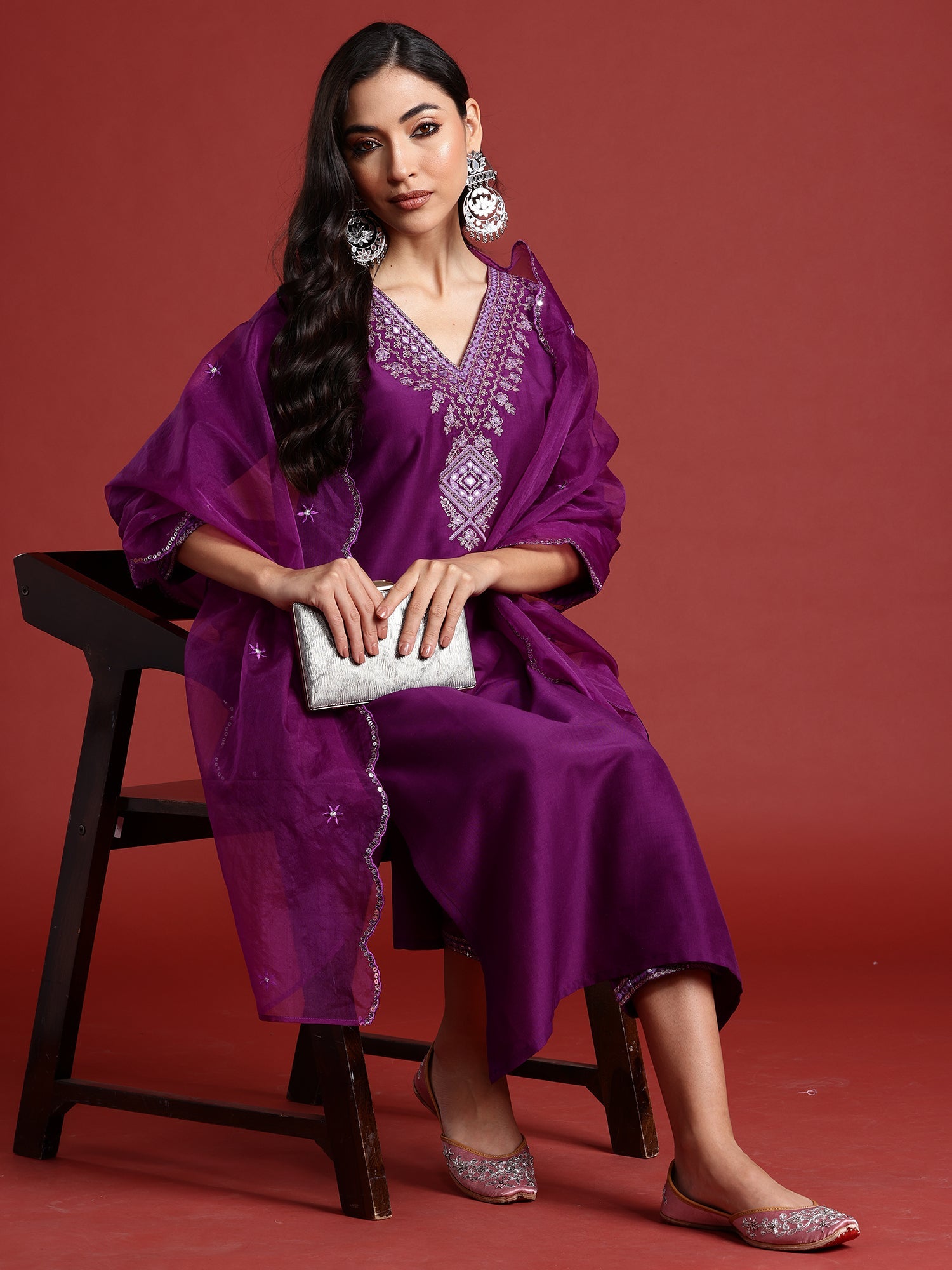 Women's Purple Silk Blend Kurta Set - Taantav