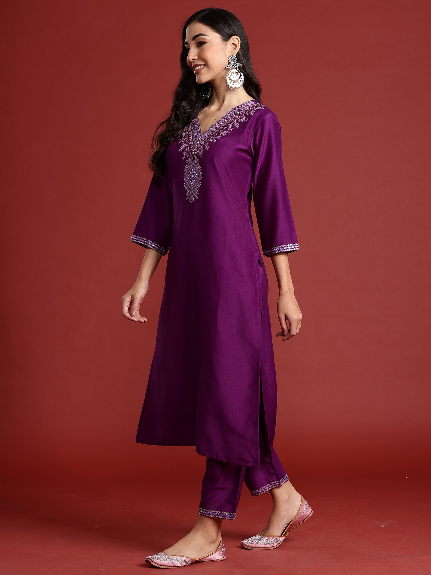 Women's Purple Silk Blend Kurta Set - Taantav