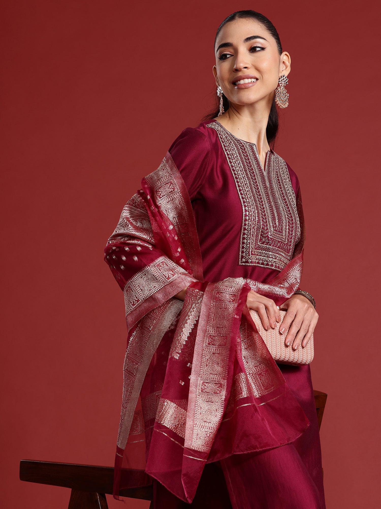 Women's Burgundy Liva Kurta Set - Taantav