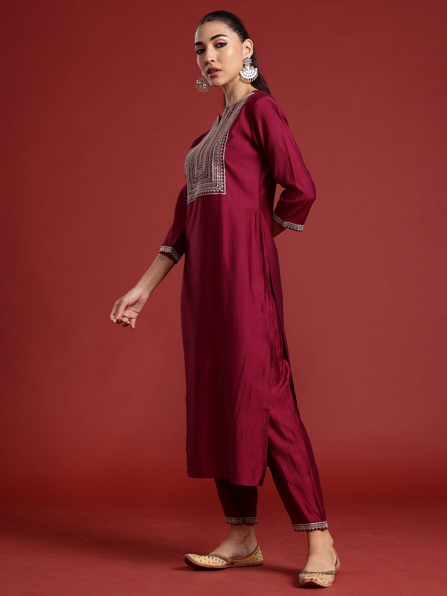 Women's Burgundy Liva Kurta Set - Taantav