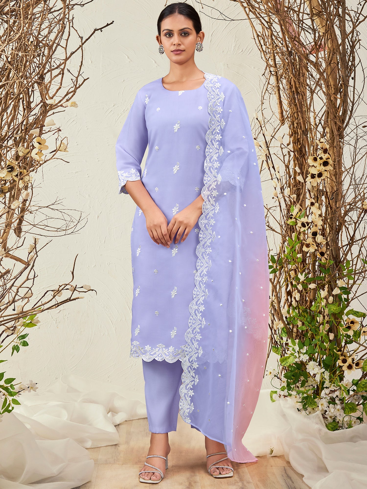 Women's Lavender Silk Blend Kurta Set - Taantav