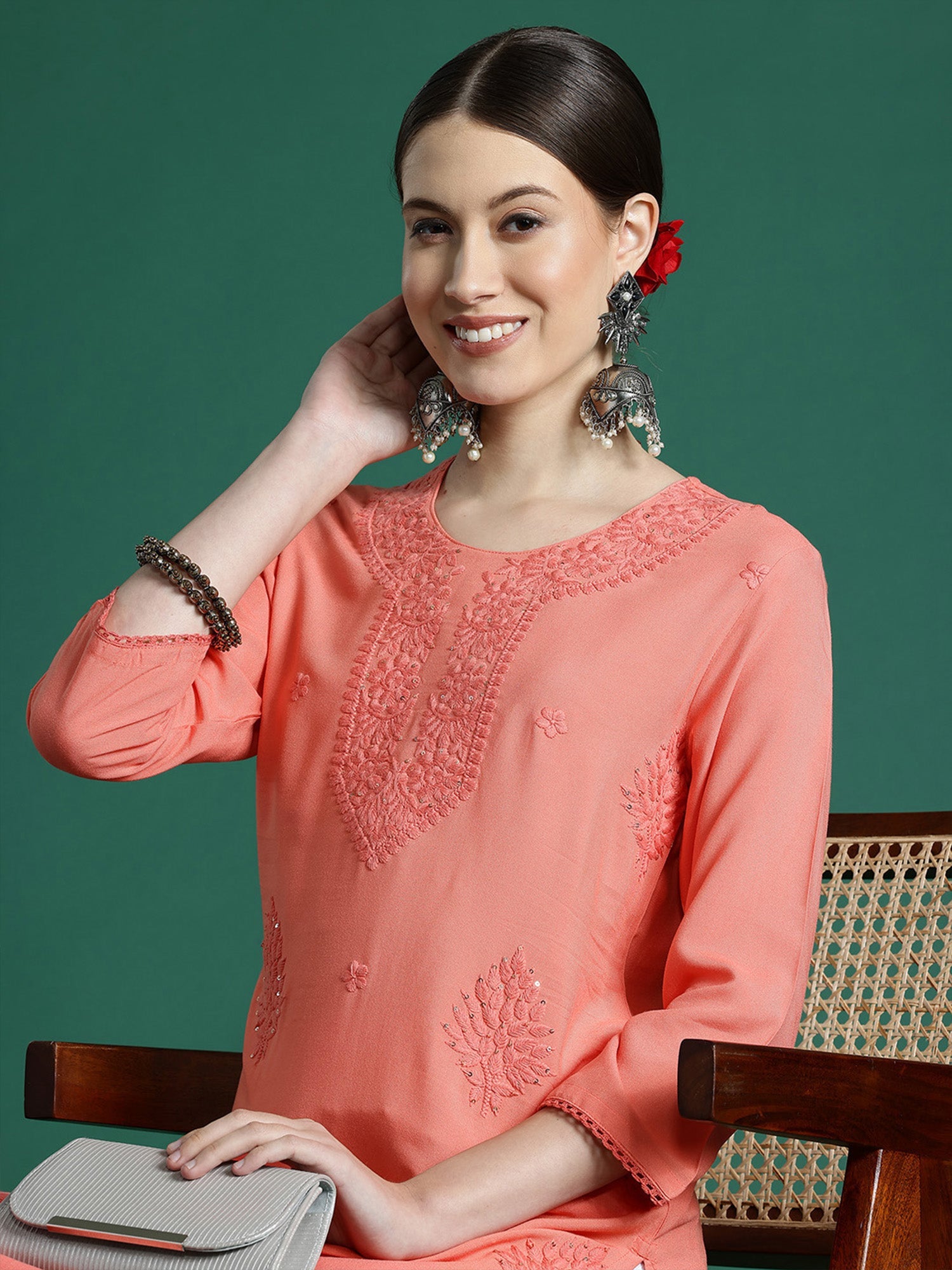 Women's Peach Viscose Rayon Kurta - Taantav