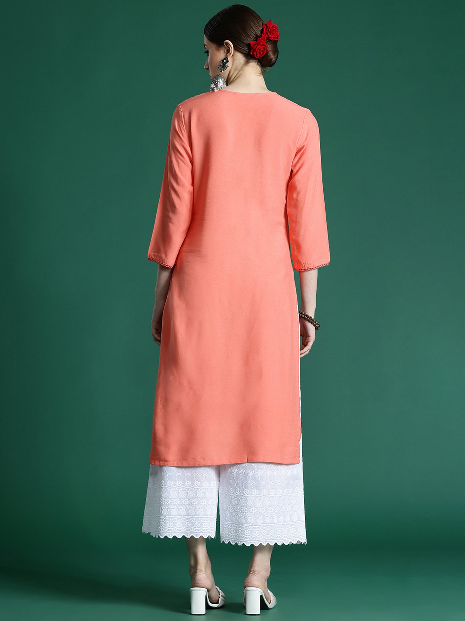 Women's Peach Viscose Rayon Kurta - Taantav