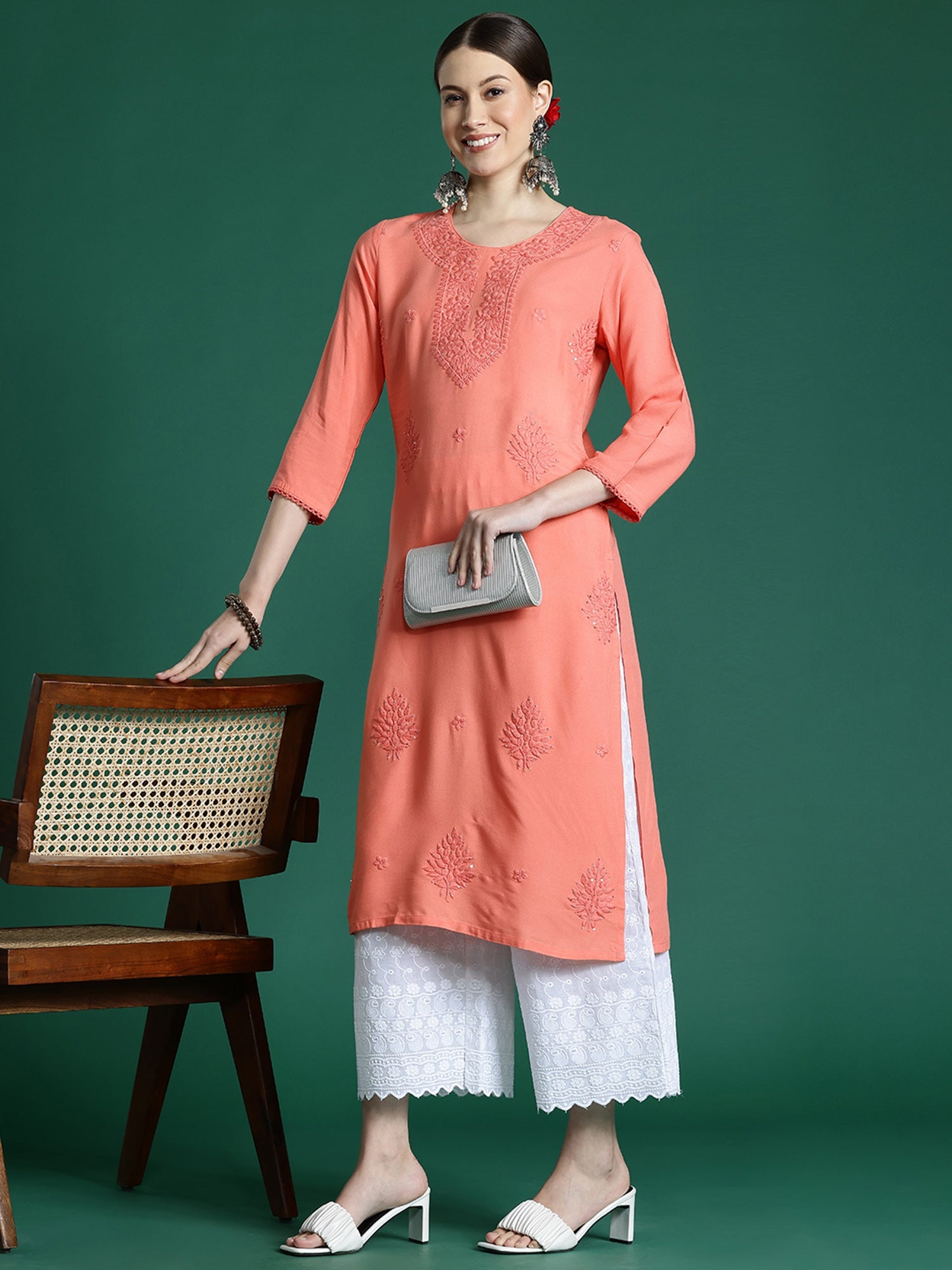 Women's Peach Viscose Rayon Kurta - Taantav