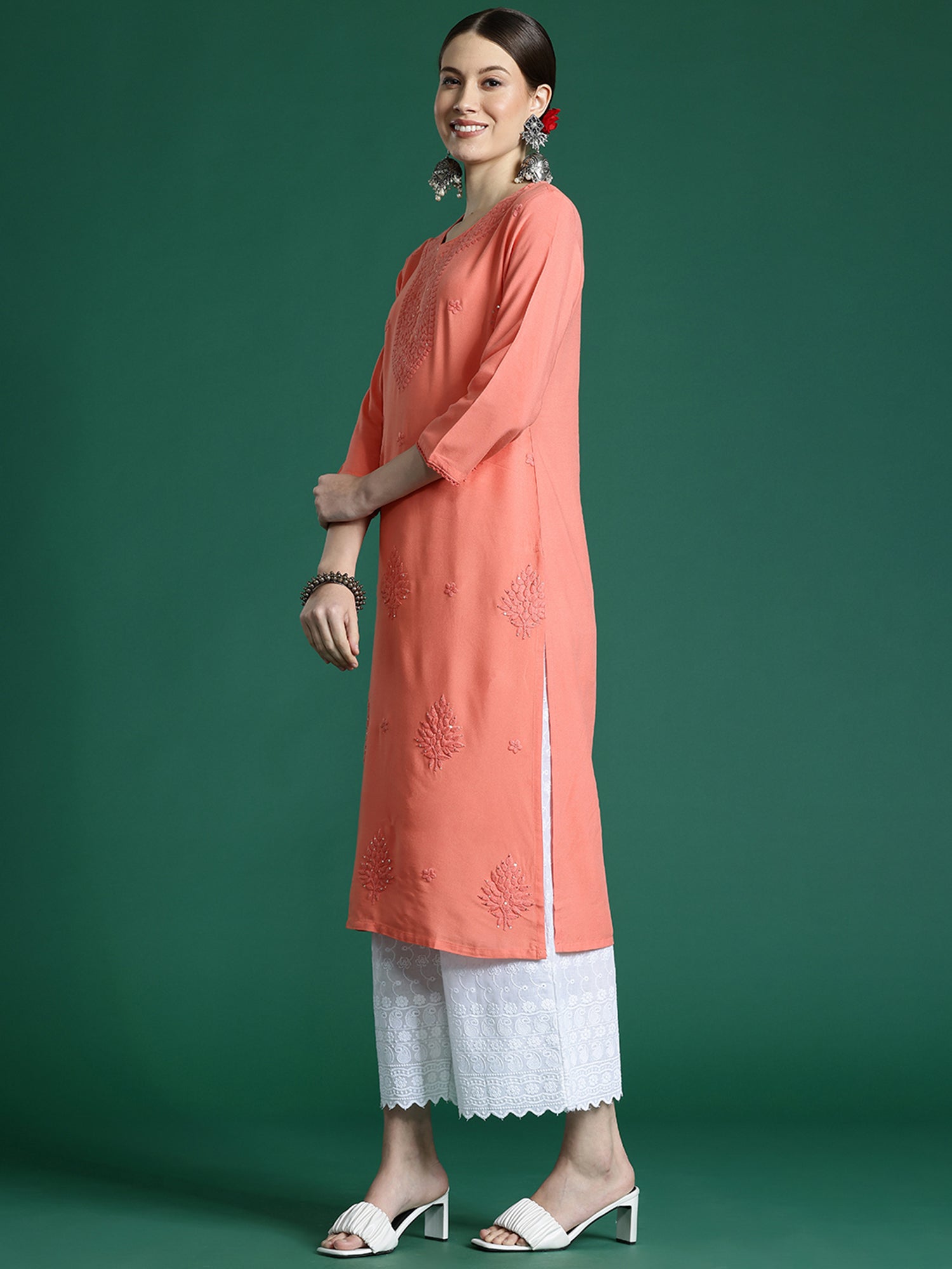 Women's Peach Viscose Rayon Kurta - Taantav