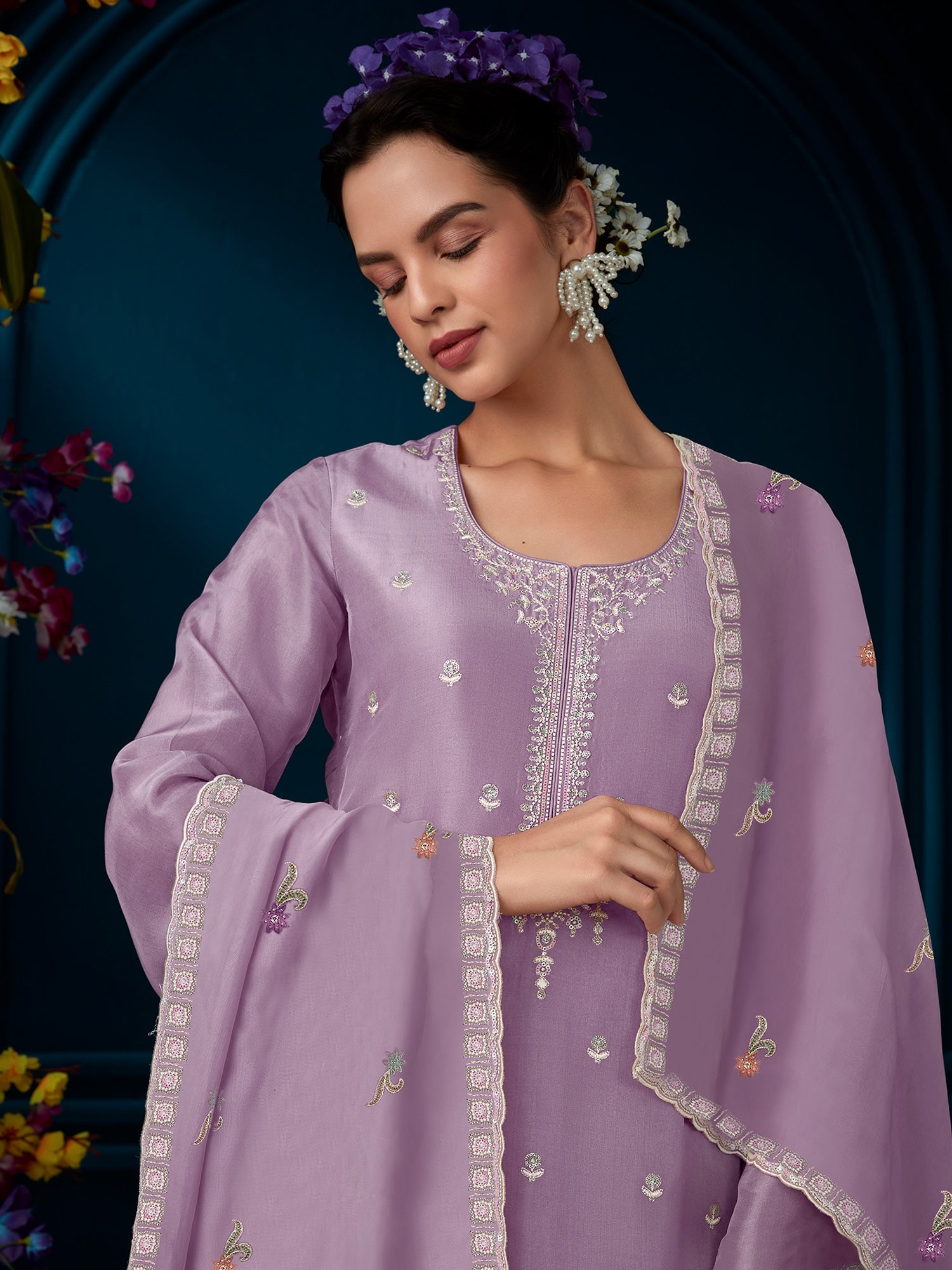 Women's Lavender Silk Blend Kurta Set - Taantav