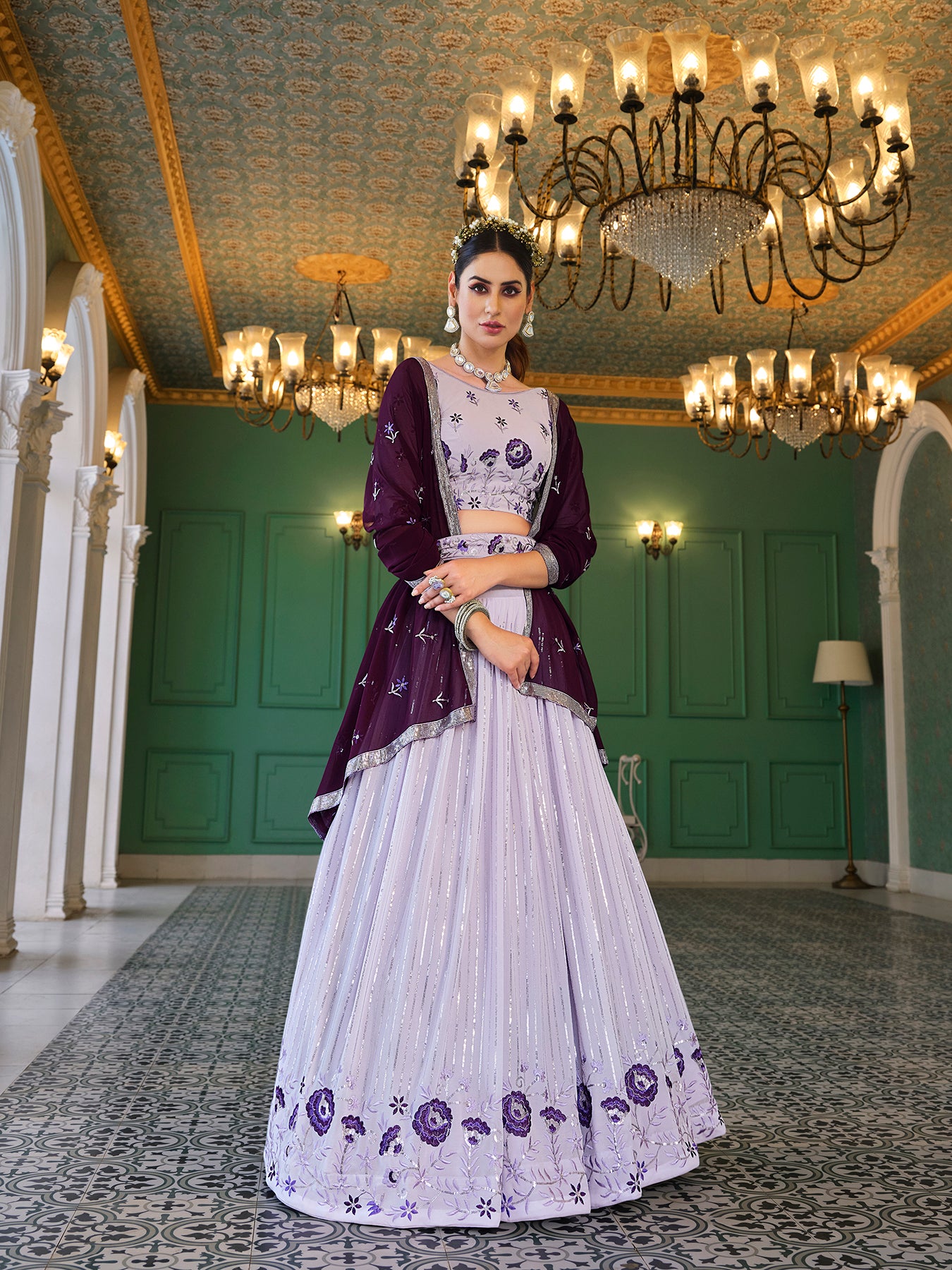 Women's Lavender Georgette Thread Sequence Embroidered Lehenga Set - Shubhkala