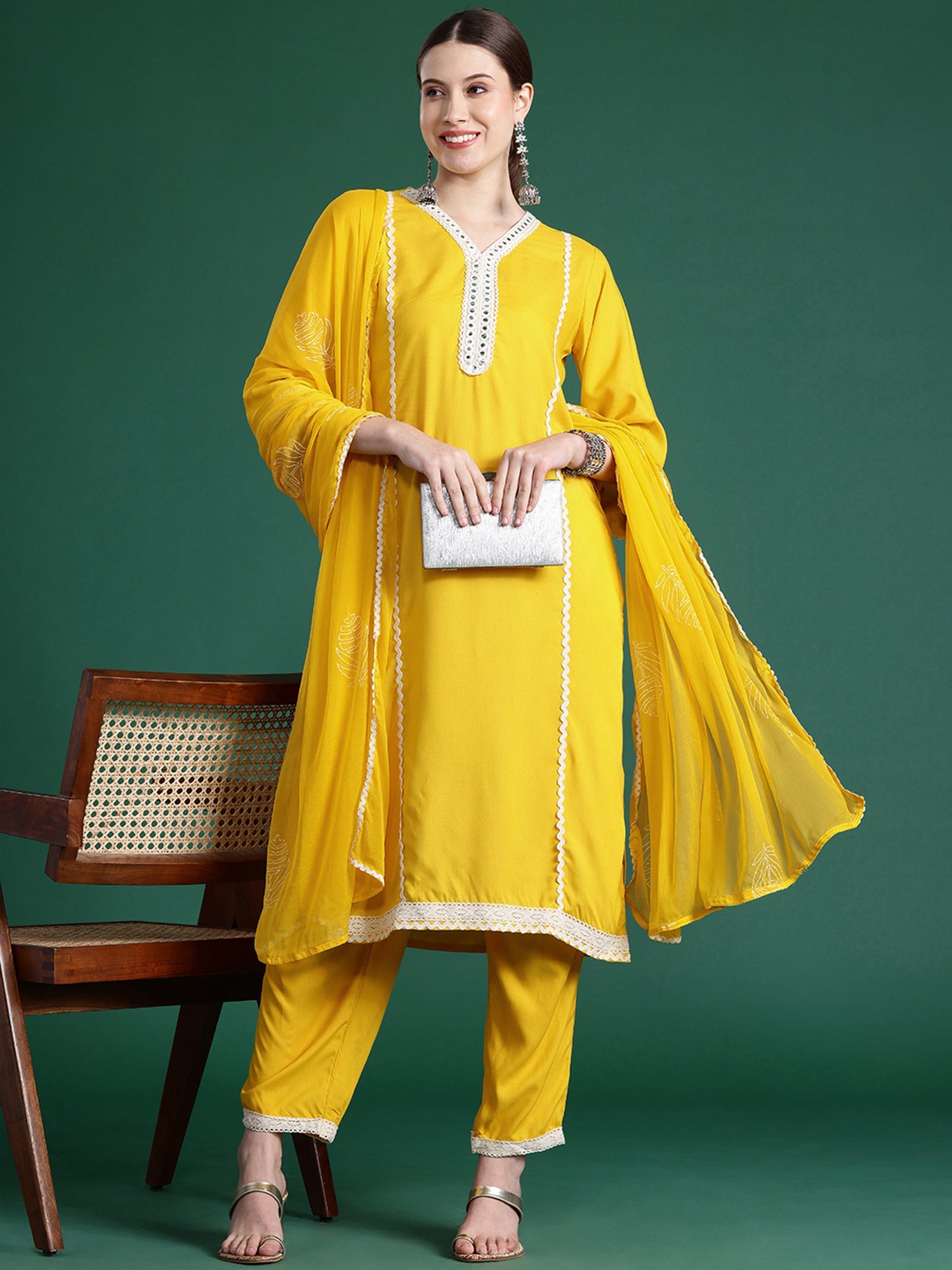 Women's Yellow Viscose Rayon Kurta Set - Taantav