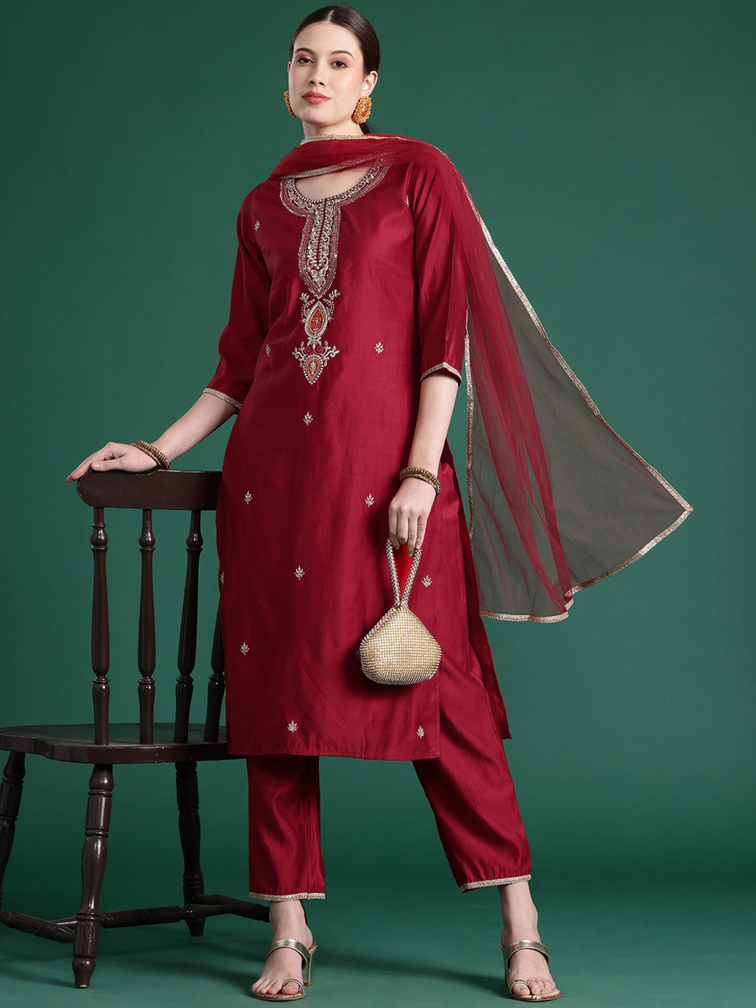 Women's Red Liva Kurta Set - Taantav