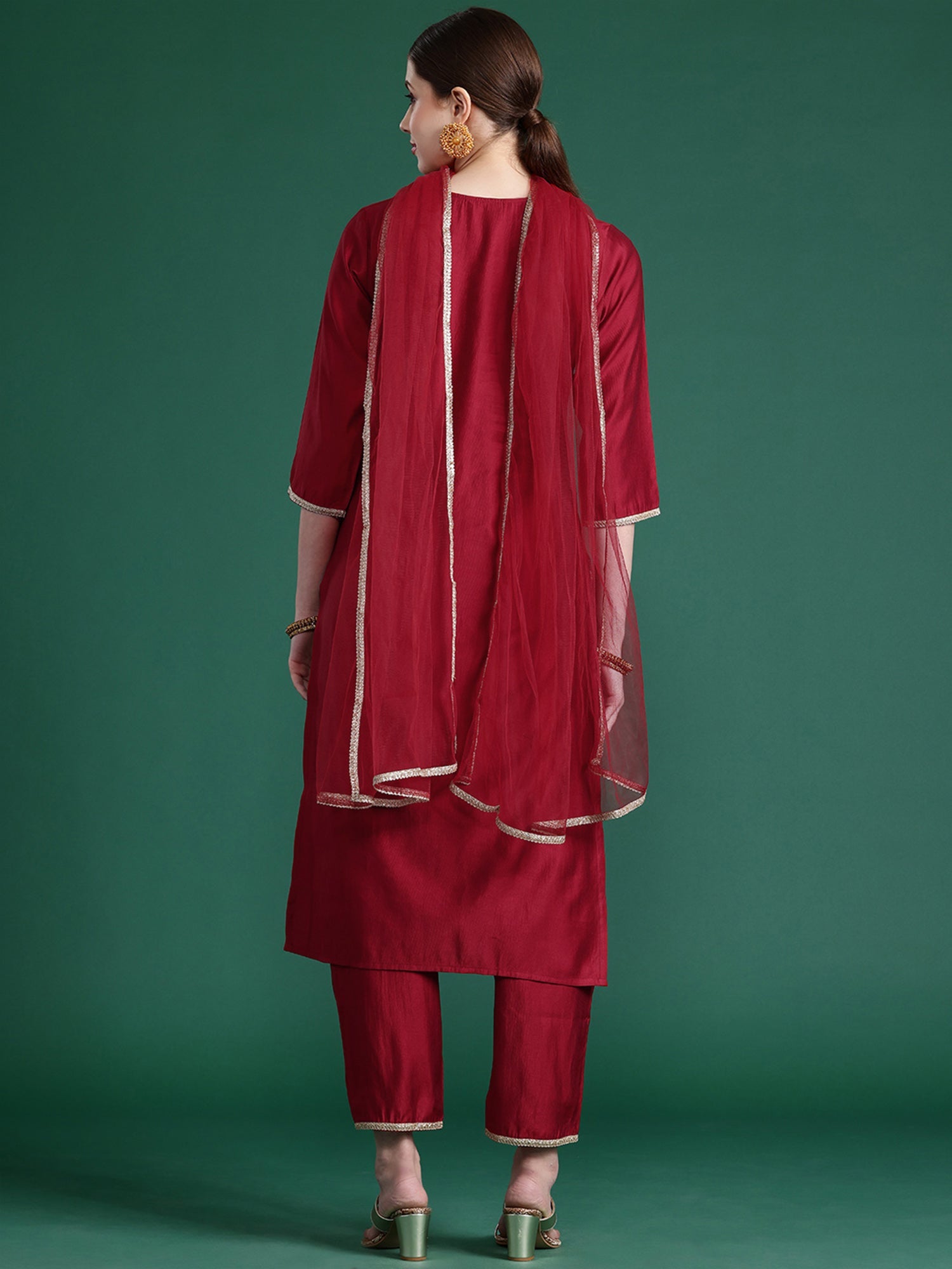 Women's Red Liva Kurta Set - Taantav