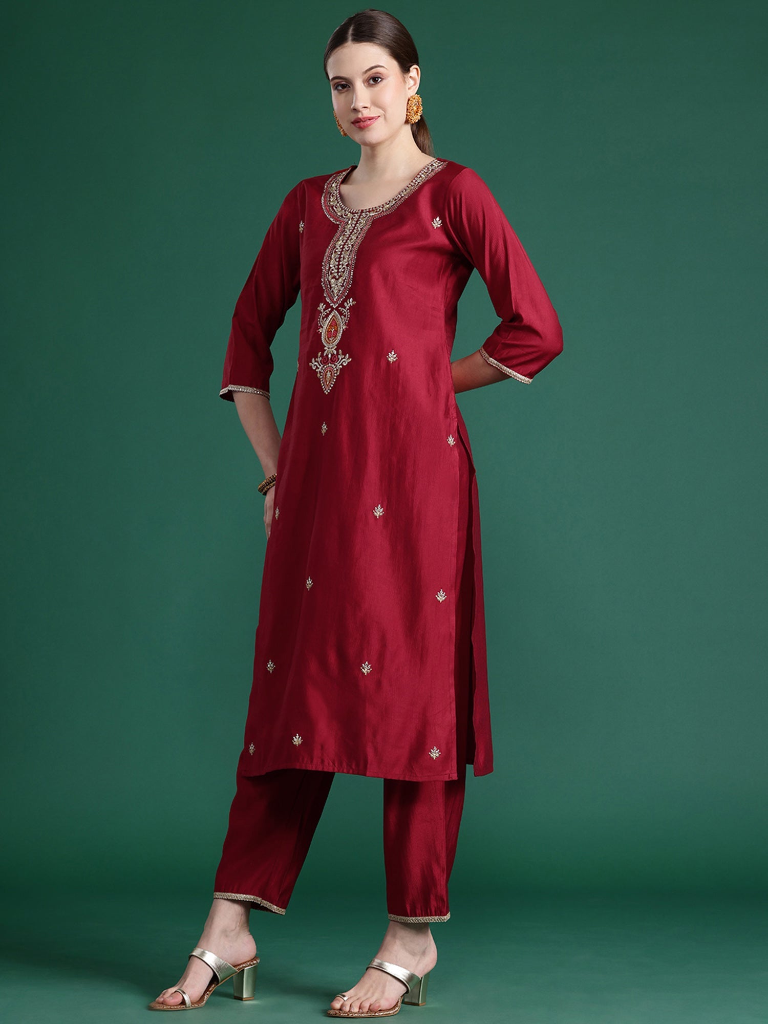 Women's Red Liva Kurta Set - Taantav