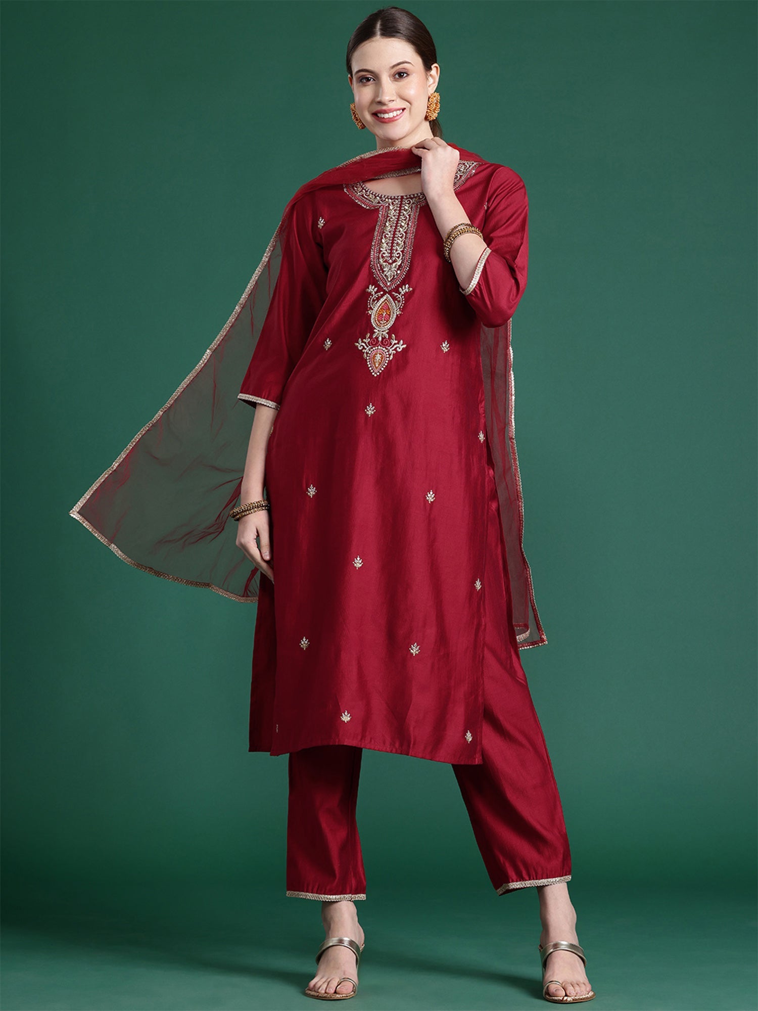 Women's Red Liva Kurta Set - Taantav